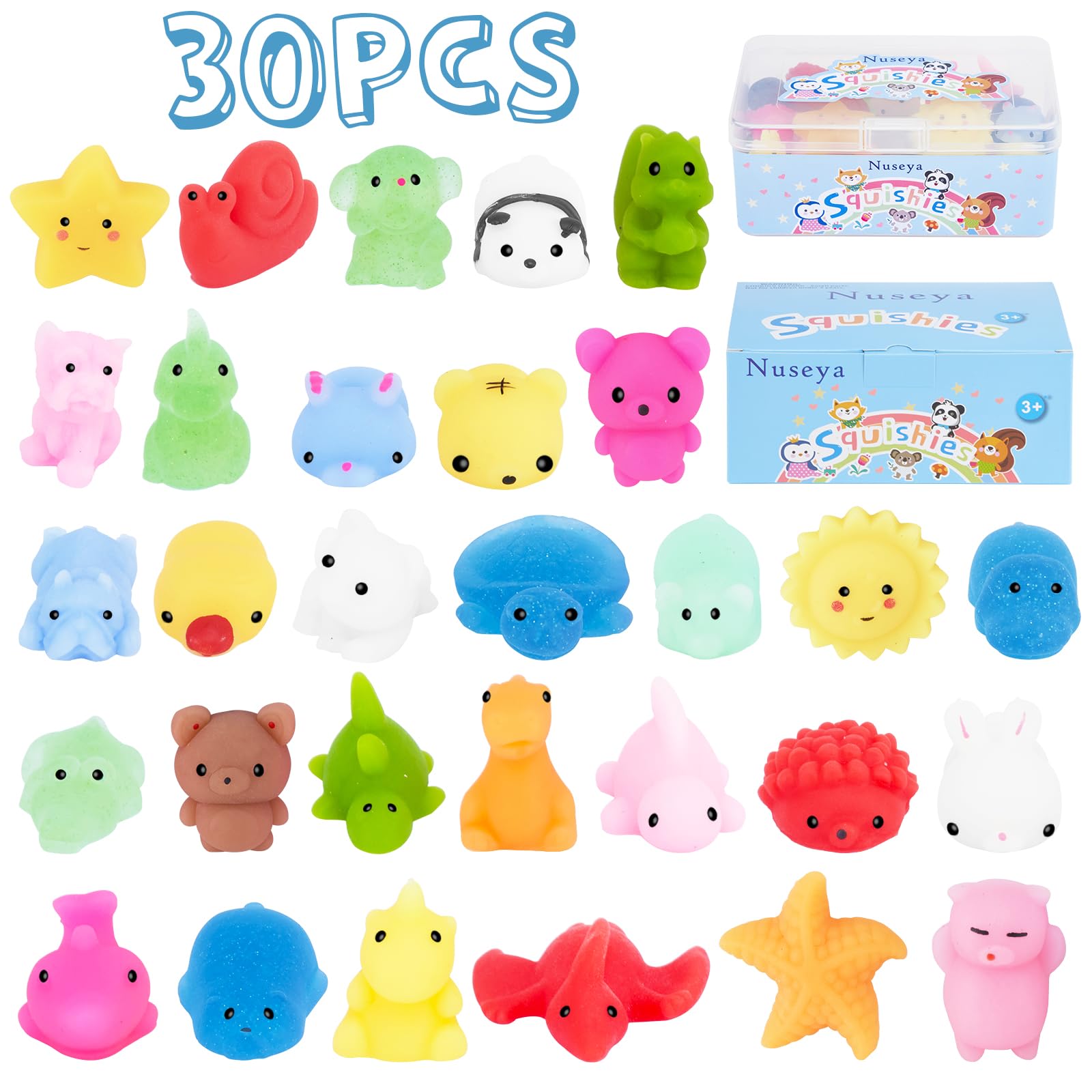 30pcs Mochi Squishy Toys - No Duplicates Kawaii Sensory Stress Relief Fidget Toys for Kids, Boys & Girls - Perfect for Birthday Gifts, Party Favors, Classroom Prizes & Goodie Bag Stuffers - Fun for Stress Relief, Sensory Play & Relaxation at Home or School