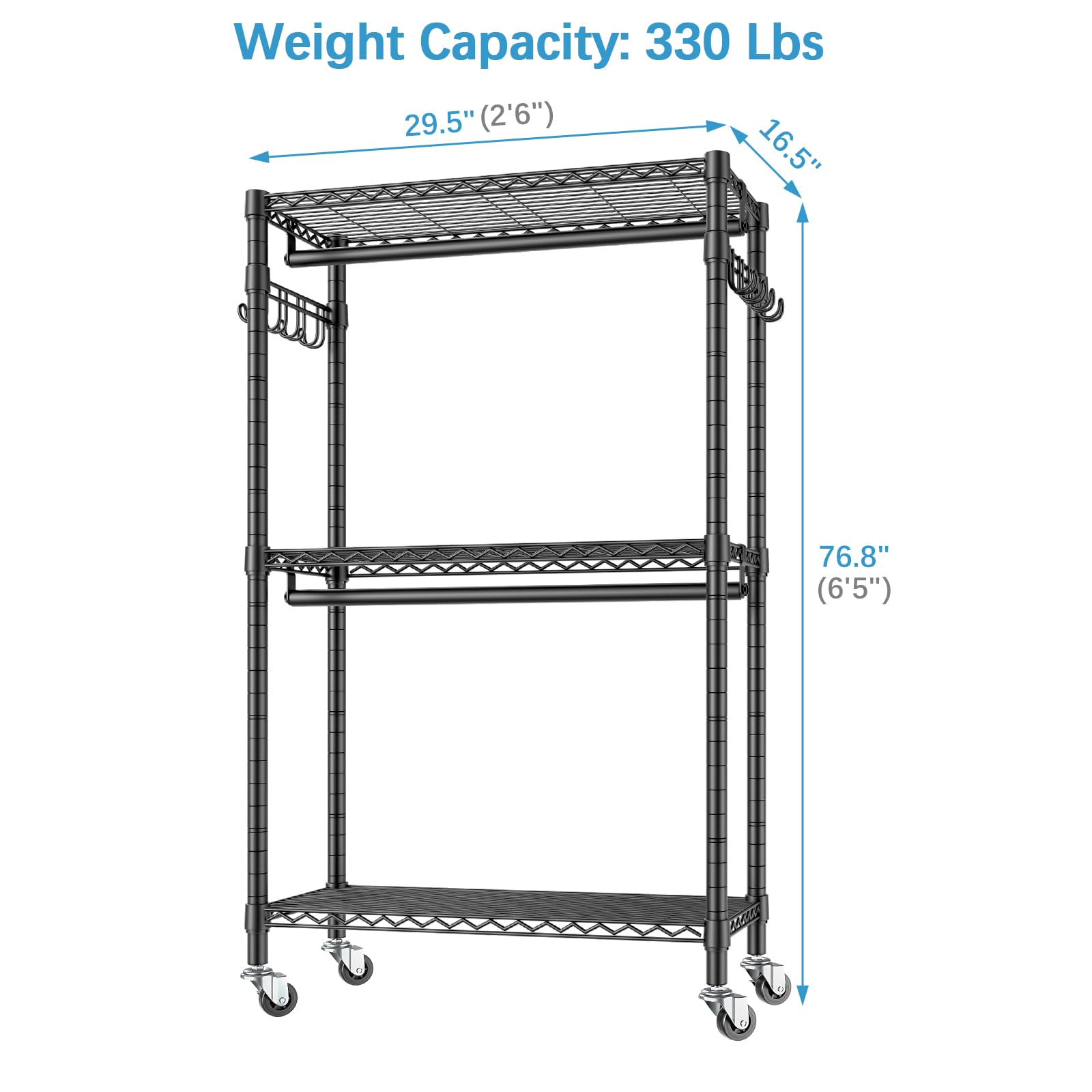 VIPEK R2 Medium Rolling Clothes Rack - Heavy Duty Adjustable Metal Garment Rack with Wheels & Side Hooks | Freestanding Wardrobe for Bedroom, Closet, Laundry Room, or Retail Store | Black Storage Organizer for Hanging Clothes, Jackets, and Accessories