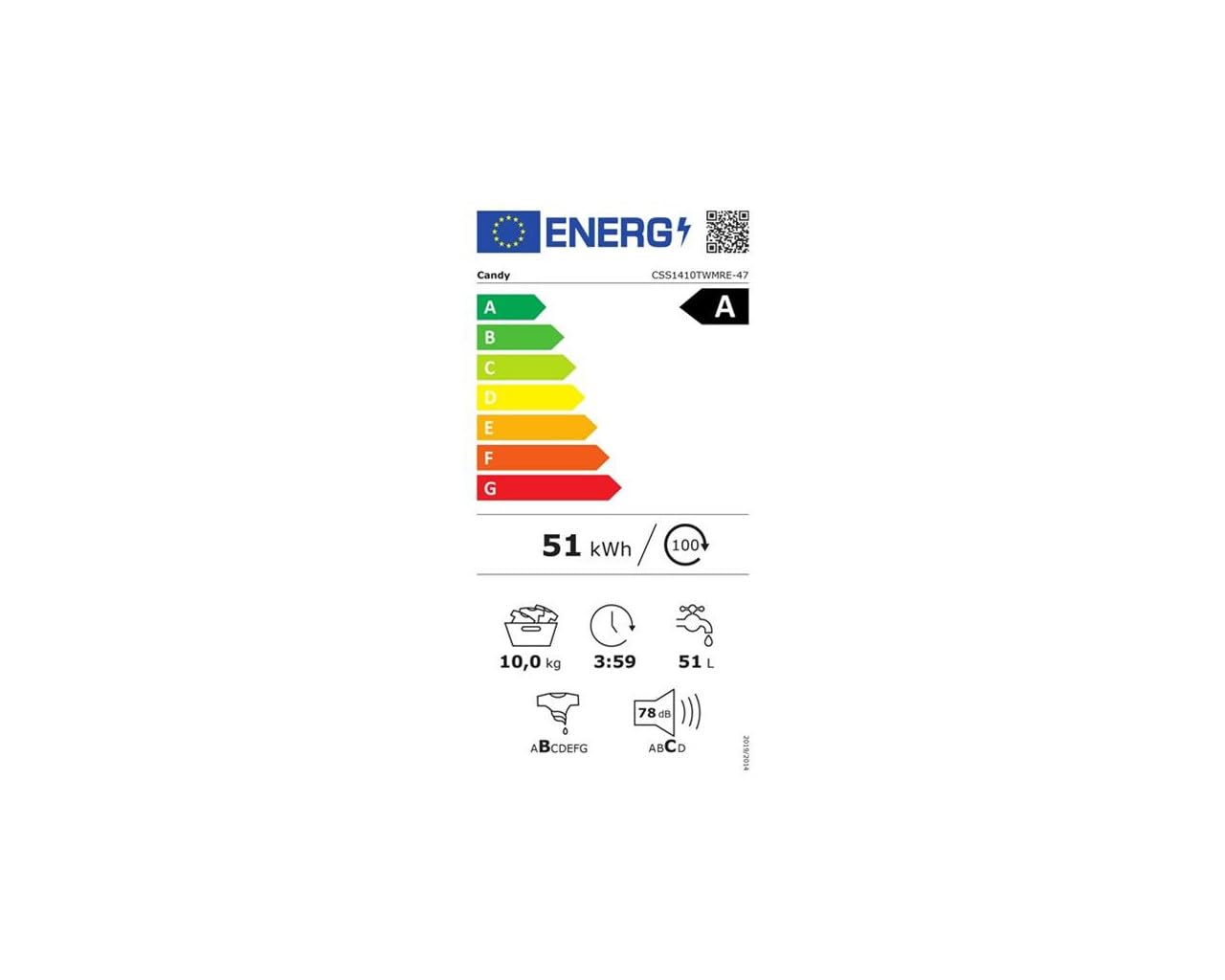 CANDY Front Load Washing Machine CSS1410TWMRE-47 - Energy Efficient Laundry Appliance for Home & Apartment Use