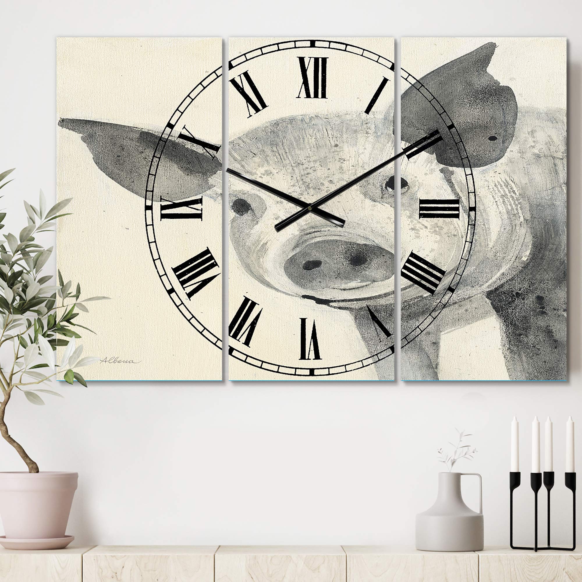 Farmhouse Wall Clock with Piglet Design - Black & White Round Clock for Living Room, Kitchen, Bedroom Decor - Rustic Home & Office Wall Art