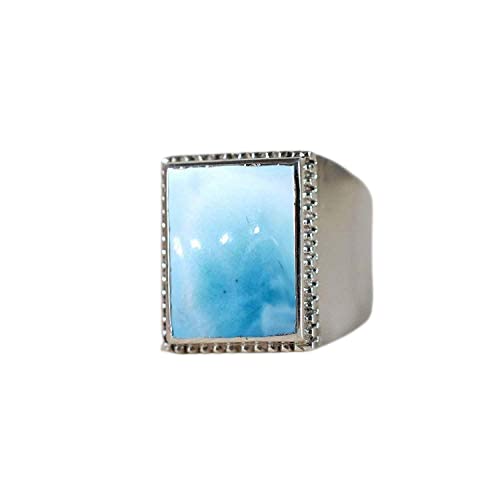 Genuine Dominican Pectolite Ring – 925 Sterling Silver Men's Larimar Gemstone Ring – Rectangle Cabochon Jewelry for Men – Heavy Duty Birthstone Gift for Him – Perfect for Birthdays, Anniversaries & Special Occasions