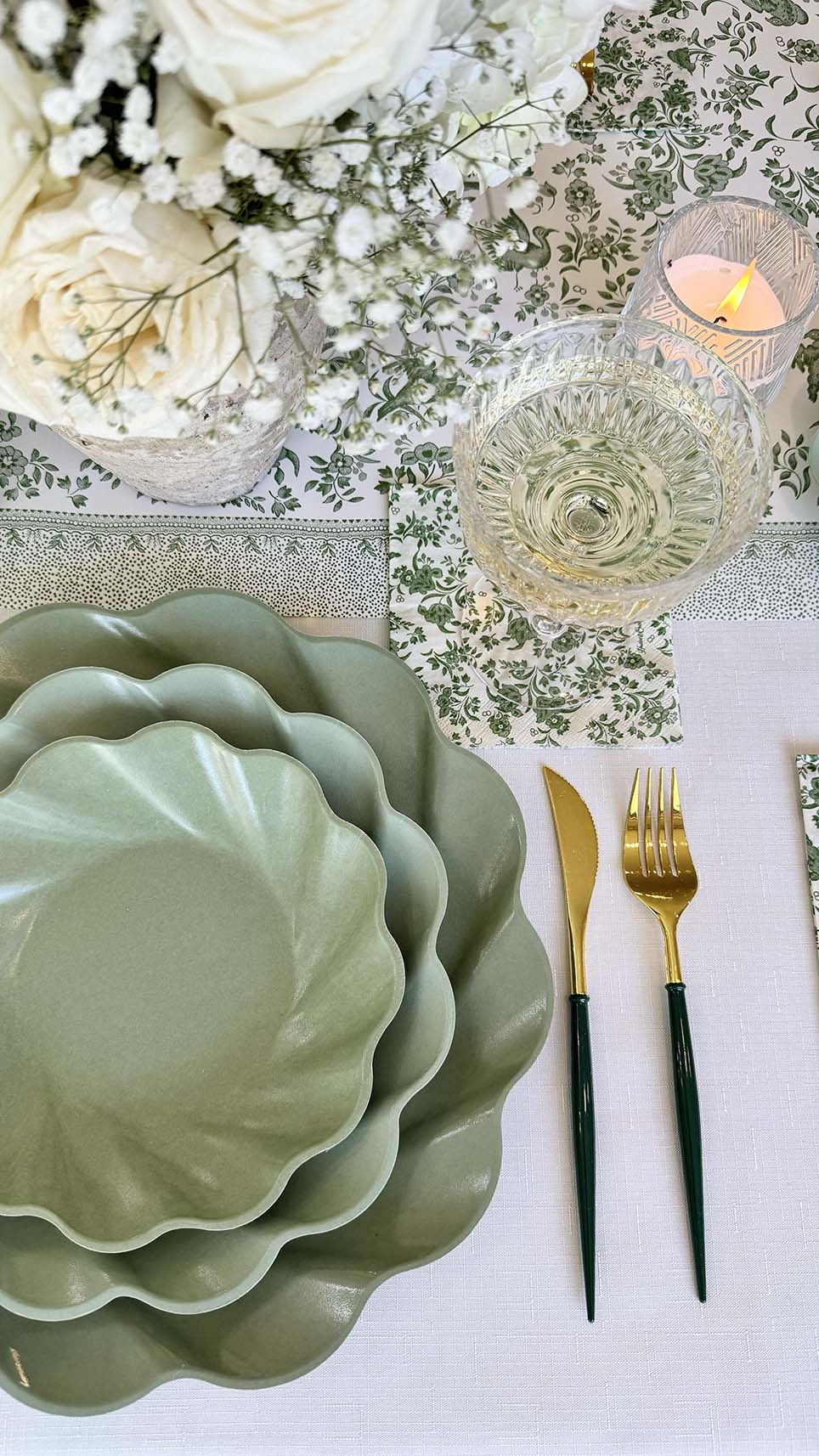 Elegant Royal Peacock Table Setting in Sage Green - Perfect for Weddings, Dinner Parties & Special Occasions