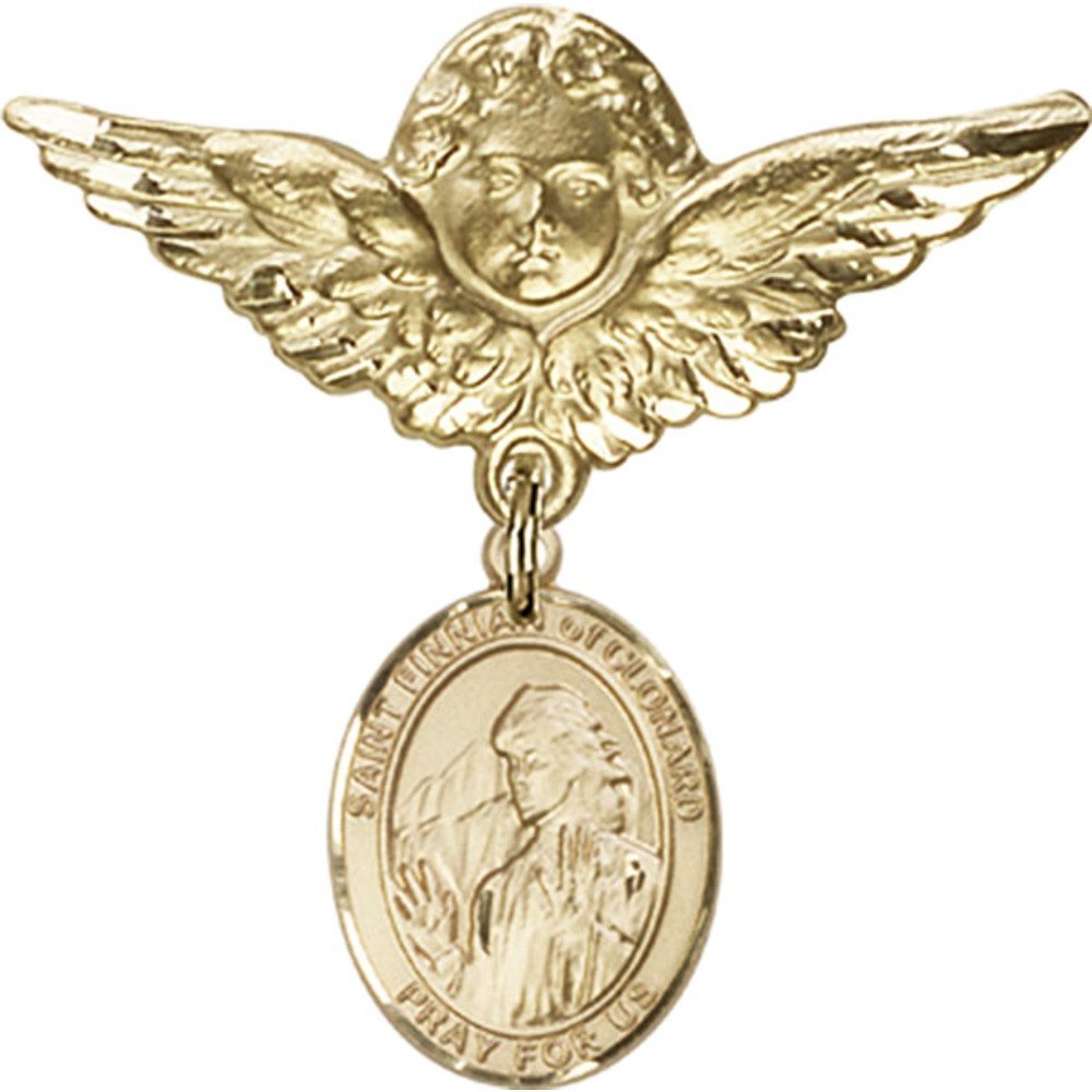 St. Finnian of Clonard Gold Filled Baby Badge with Angel Wing Charm - 1 1/8 X 1 1/8 Inch Religious Pin for Baptism, Christening & First Communion Gifts