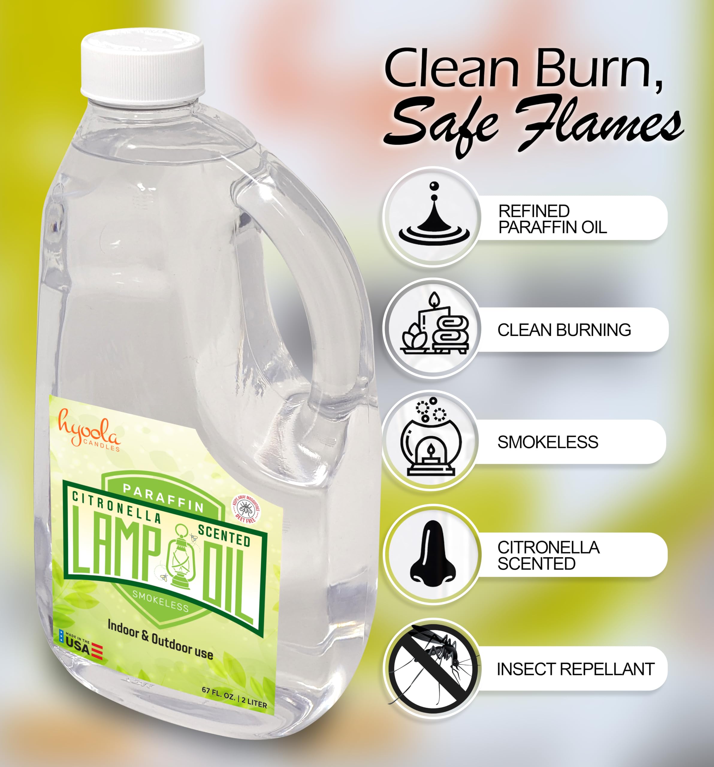 Hyoola Citronella Lamp Oil - 67.6 oz (2 Liter) Smokeless Mosquito Repellent for Indoor/Outdoor Use - Perfect for Patio Lanterns, Camping Lights & Oil Candles - Natural Insect Deterrent with Pleasant Scent