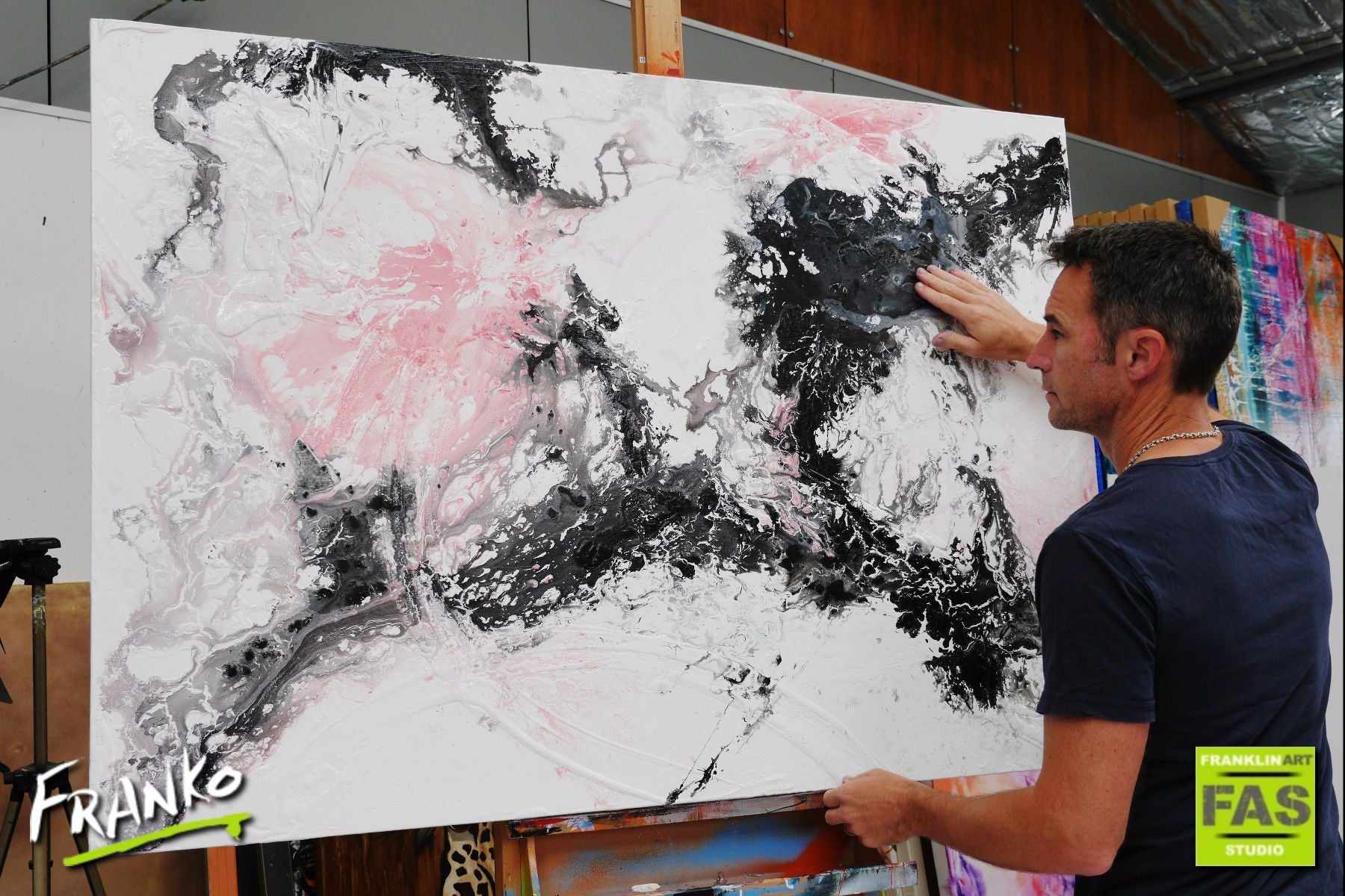140cm x 100cm Abstract Painting in White, Black & Pink - Modern Wall Art for Living Room, Bedroom & Office Decor