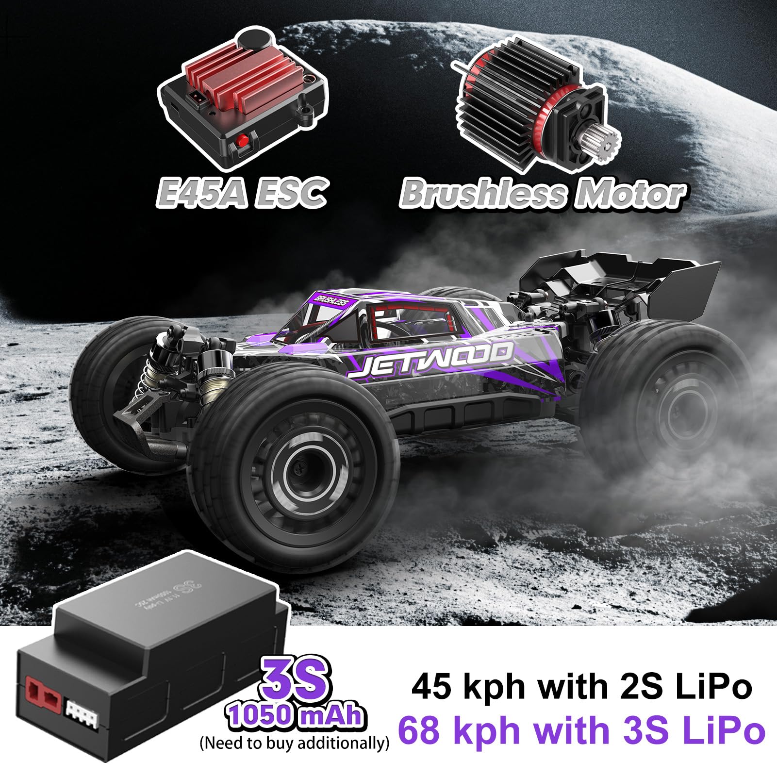 Jetwood 1/16 Scale Fast Remote Control Car for Adults - Electric 4WD RTR Brushless RC Truck, High Speed Offroad Buggy with 2 Lipo Batteries (Max 42 MPH) - Perfect for Racing, Off-Road Adventures & Gifts for Boys & Teens