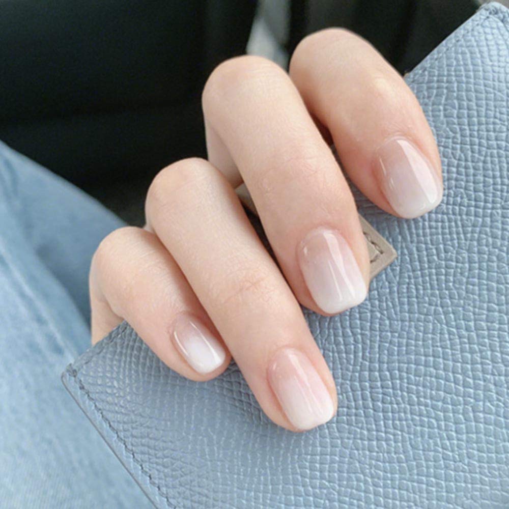 24Pcs Glossy Gradient Press On Fake Nails - Short Square Acrylic False Nails with Full Coverage (White) | Perfect for Parties, Weddings & Everyday Wear