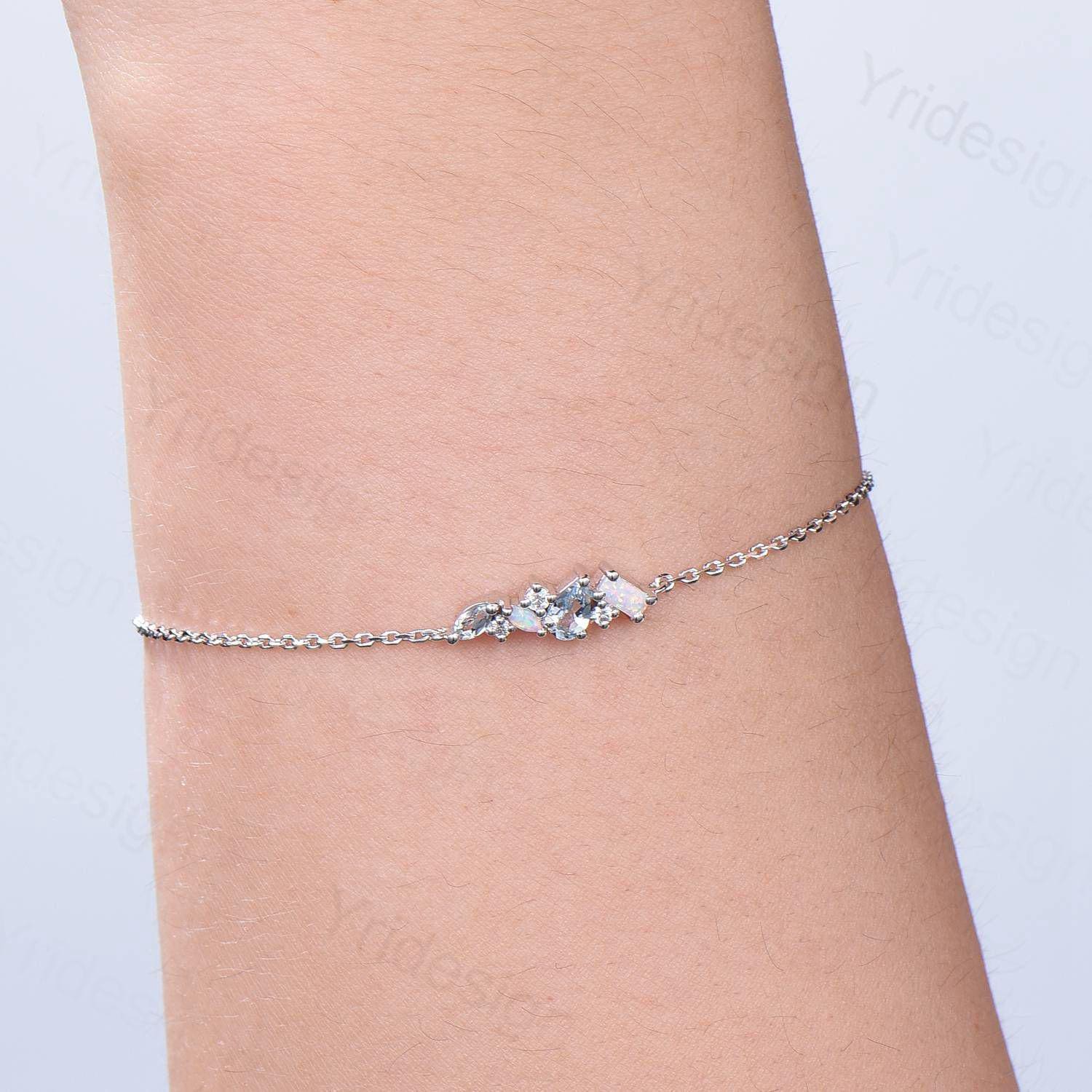 Elegant Pear Shaped Aquamarine Bracelet with Multi-Stone Baguette & White Opal | Silver & Gold Art Deco Jewelry | Anniversary Gift for Women | Perfect for Weddings, Parties & Special Occasions