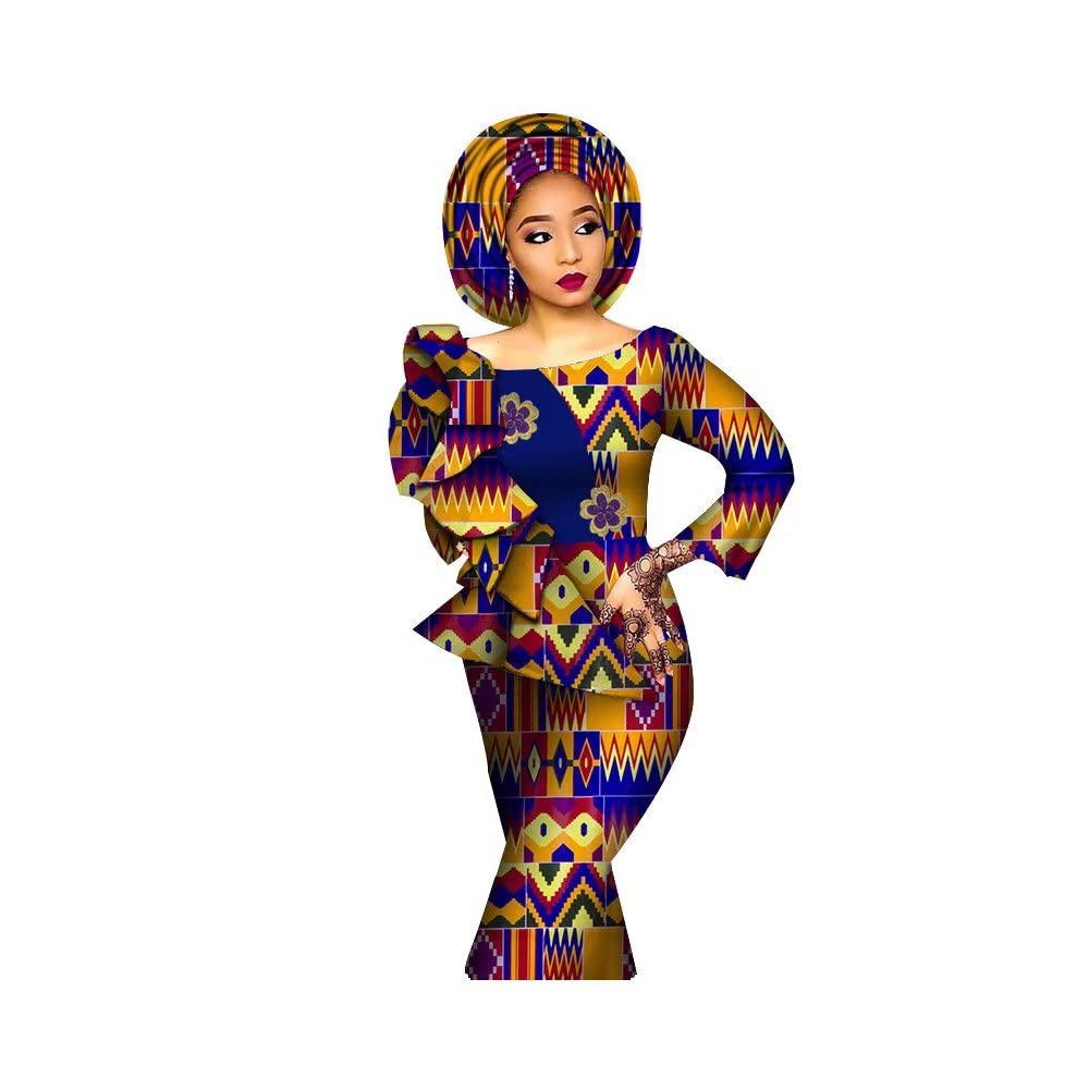 African Print Maxi Dress for Women - Elegant Long Sleeve Ruffle Mermaid Dress with Matching Headscarf | Perfect for Weddings, Parties & Cultural Events
