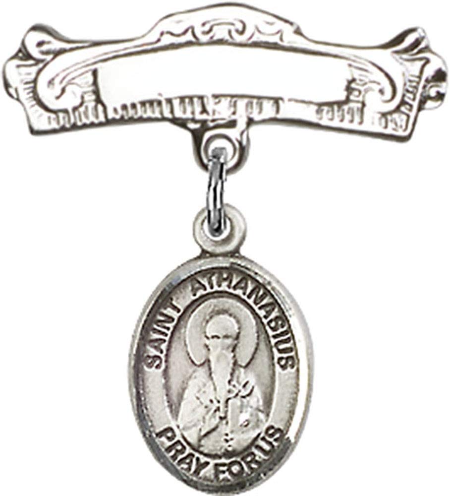 Sterling Silver Baby Badge with St. Athanasius Charm - Arched Polished Pin for Christening, Baptism & First Communion Gifts - Handmade in USA