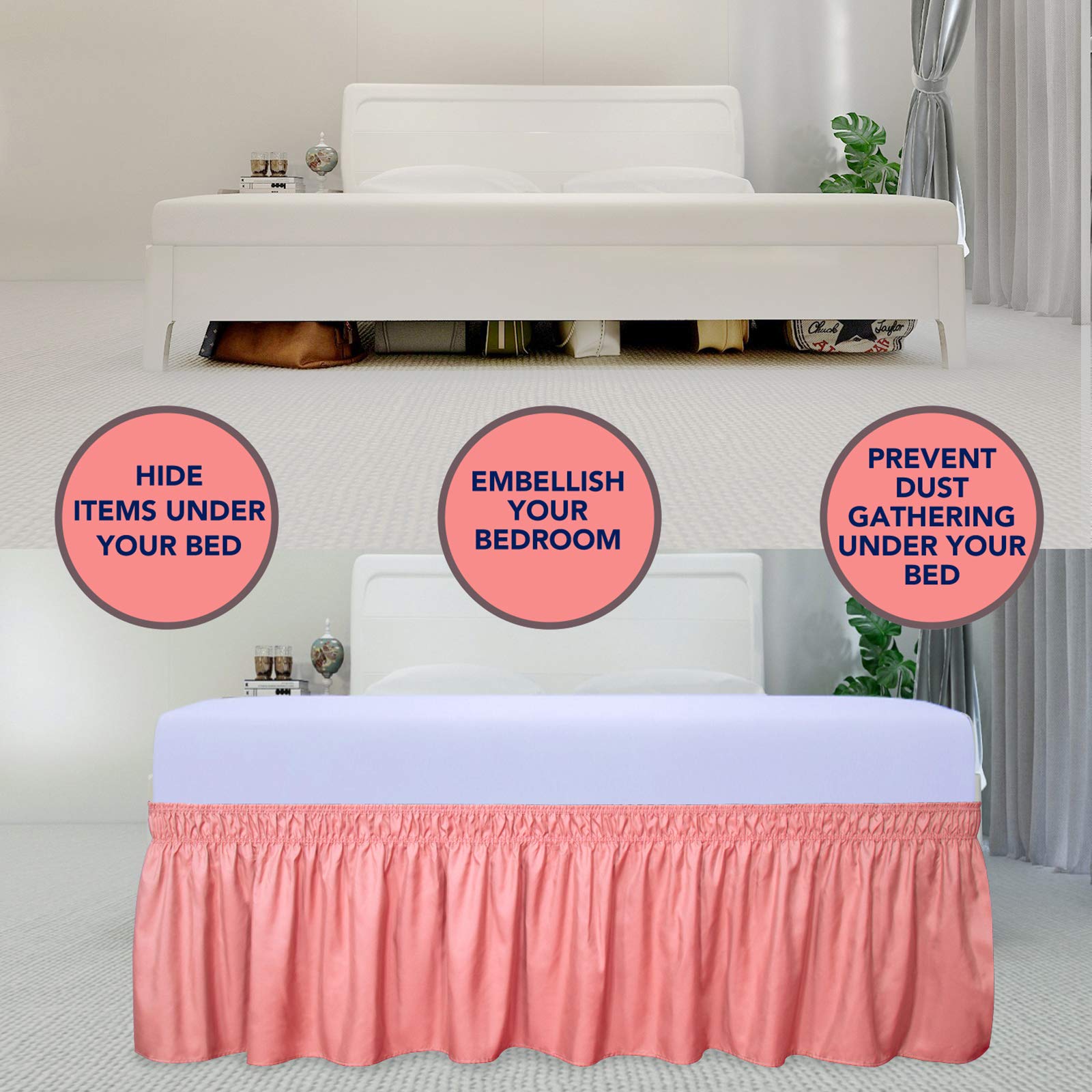 PureFit Wrap Around Ruffled Bed Skirt with Adjustable Elastic Belt - 22 Inch Drop, Easy to Install Wrinkle-Free Dust Ruffle for Queen, King & California King Beds | Soft Pink Bed Frame Cover | Perfect for Master Bedrooms, Guest Rooms & Hotel Decor
