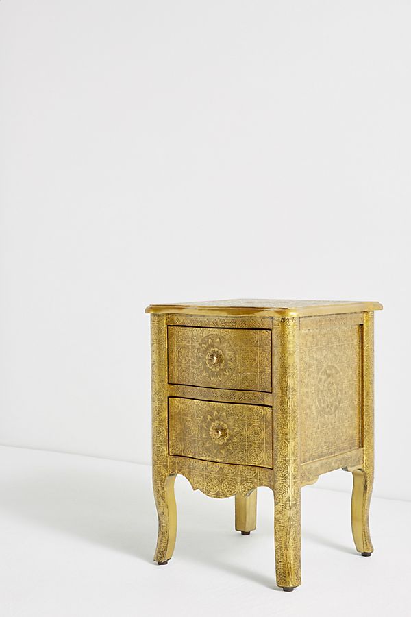 Antique Golden Metal Nightstand with 2 Drawers - Hand Embossed Bedside Table for Bedroom, Living Room & Office - Vintage Style Storage Furniture with Elegant Design