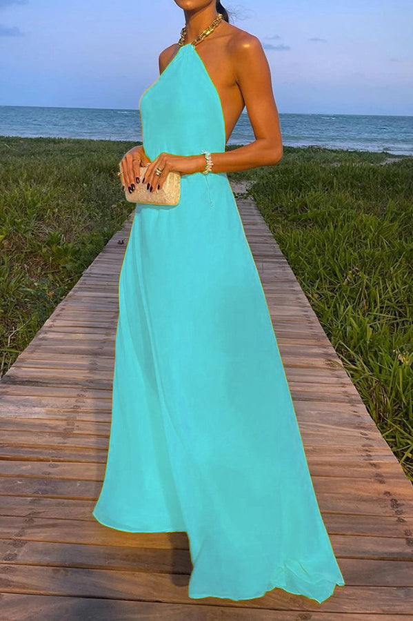 Santorini Vacation Maxi Dress - Backless A-Line Halter Dress with Metal Chain Detail | Perfect for Beach Weddings, Summer Getaways & Boho Fashion