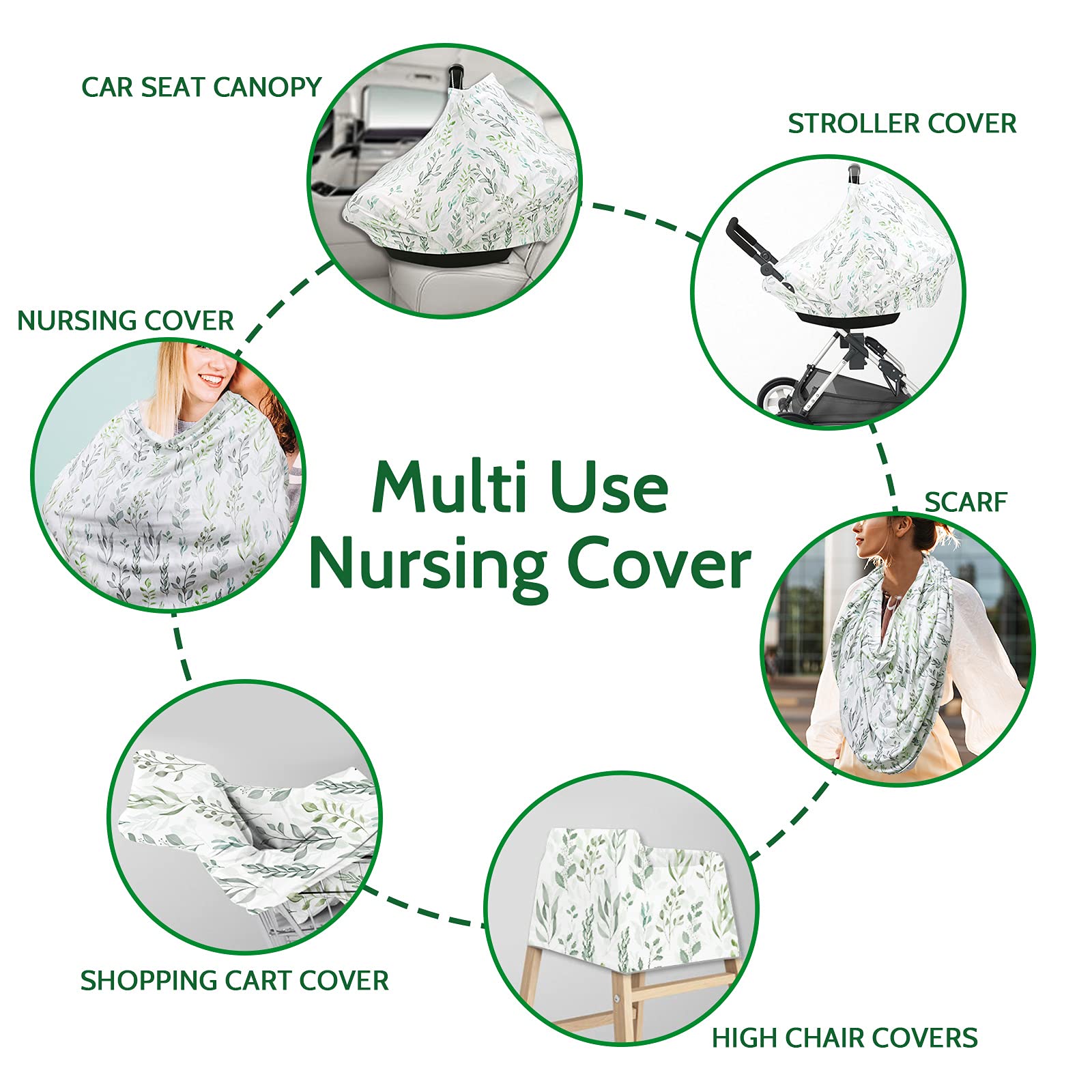 DILIMI Nursing Pillow Cover & Baby Car Seat Cover - Soft Breathable Cotton, Green Leaf Design for Breastfeeding & Infant Safety - Perfect for New Moms & On-the-Go Parents