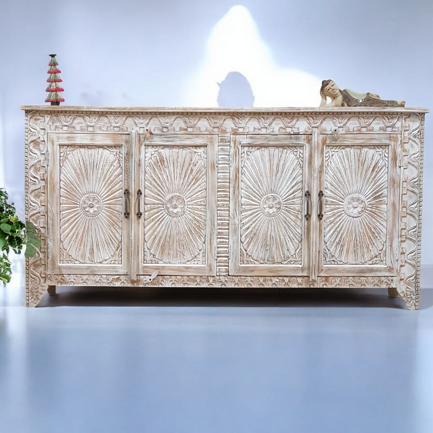 Handmade Carved Indian Mango Wood 4-Door Sideboard Buffet Cabinet 180x40x90cm Whitewash Finish - Perfect for Dining Room Storage, Living Room Decor & Rustic Home Furniture