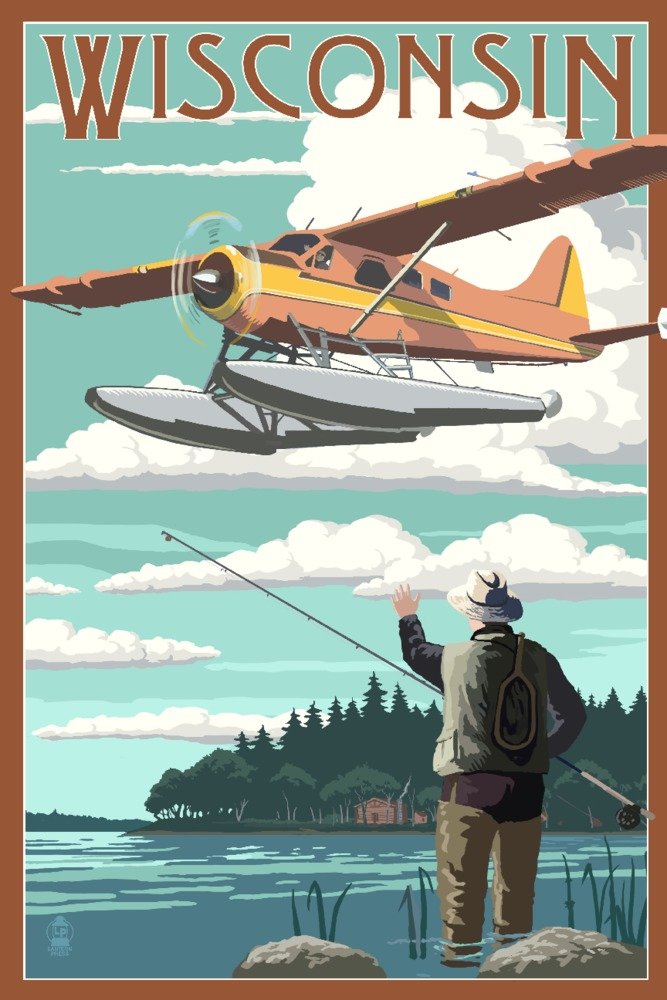 Wisconsin Float Plane and Fisherman - 36x54 Giclee Gallery Print - Travel Poster Wall Art Decor for Home, Office & Cabin - Vintage Aviation & Fishing Enthusiast Gift