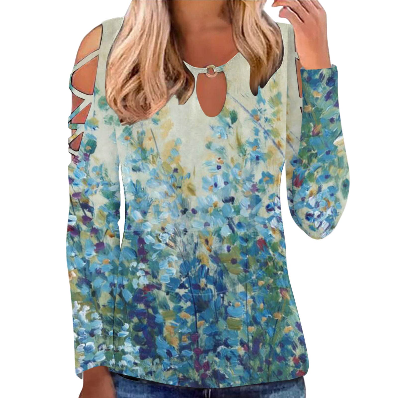 Women's Cold Shoulder Tunic Tops - Long Sleeve Floral Print Hollow Out Blouse with Crew Neck | Casual Wear, Office Outfits & Spring Fashion