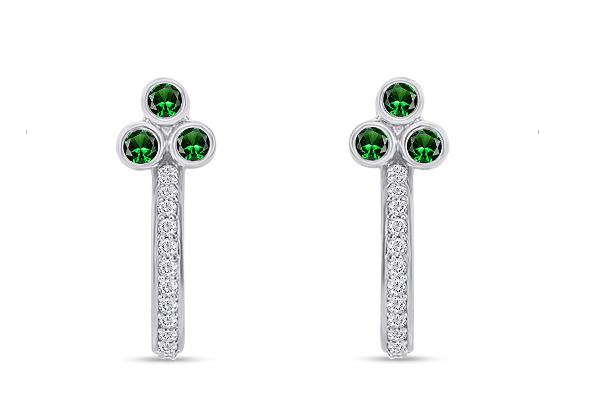 1/4 Carat White Natural Diamond & Simulated Birthstone J-Hoop Earrings in 14K White Gold Over Sterling Silver - Women's Jewelry Gift (I2-I3 Clarity, I-J Color) - Perfect for Birthdays, Anniversaries, and Special Occasions