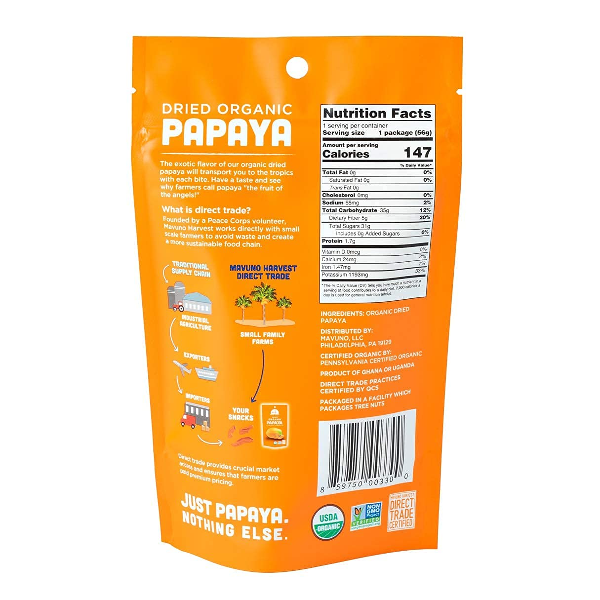Organic Dried Papaya Slices by Mavuno Harvest | Gluten-Free, Vegan, Non-GMO Healthy Snack | No Sugar Added, 2oz Pack of 6 | Perfect for Lunchboxes, Hiking, Travel & On-the-Go Snacking