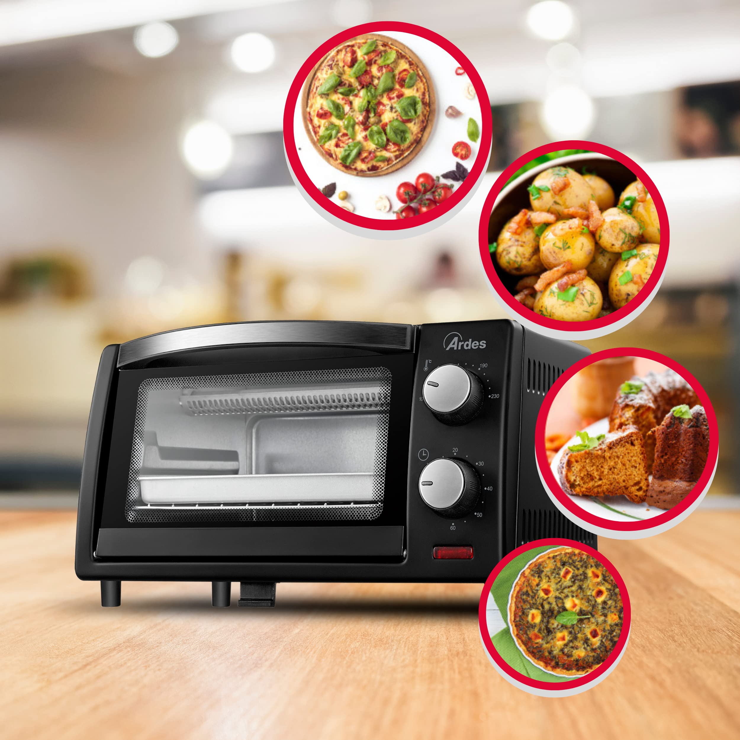 Ardes Ar6211B 10L Electric Fornetto with Internal Light, Adjustable Thermostat & Timer, Double Glass & Auto Shut-Off - Perfect for Baking, Roasting & Slow Cooking at Home - Black