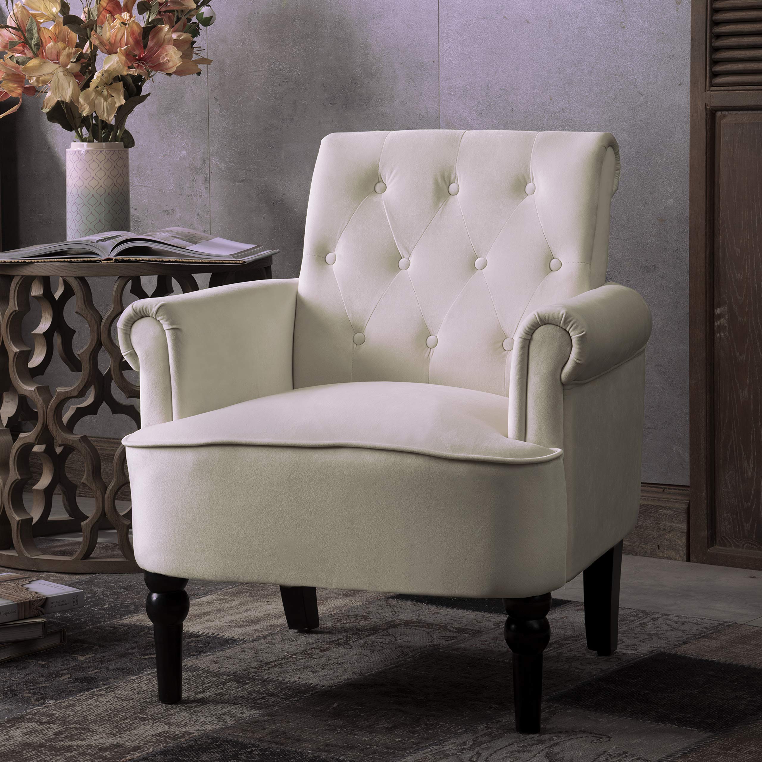Mid Century Modern Accent Chair - Velvet Upholstered Armchair with Button Tufted Design & Padded Seat - Compact Space-Saving Chair for Living Room, Bedroom or Home Office - Off White - Perfect for Small Apartments & Cozy Reading Nooks