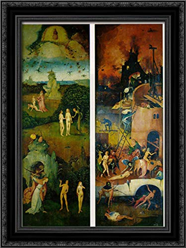 Hieronymus Bosch Triptych Left & Right Panels - Paradise & Hell 18x24 Inch Ornate Black Wood Framed Canvas Art - Gothic Home Decor for Living Room, Study & Gallery Display