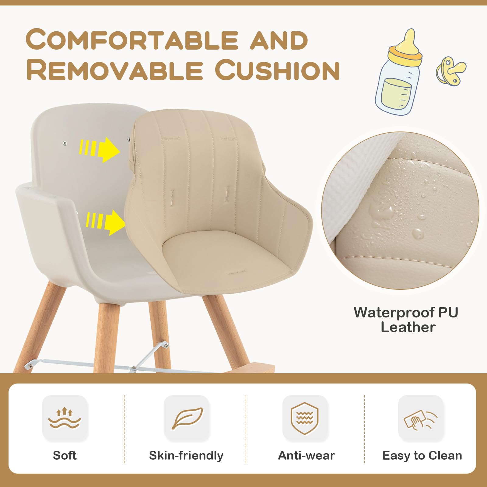 BABY JOY 3-in-1 Convertible Wooden High Chair - Adjustable Baby Highchair with Removable Tray, 5-Point Safety Harness, PU Cushion & Footrest - Infant to Toddler Booster Seat (Beige) - Perfect for Dining, Feeding & Playtime at Home