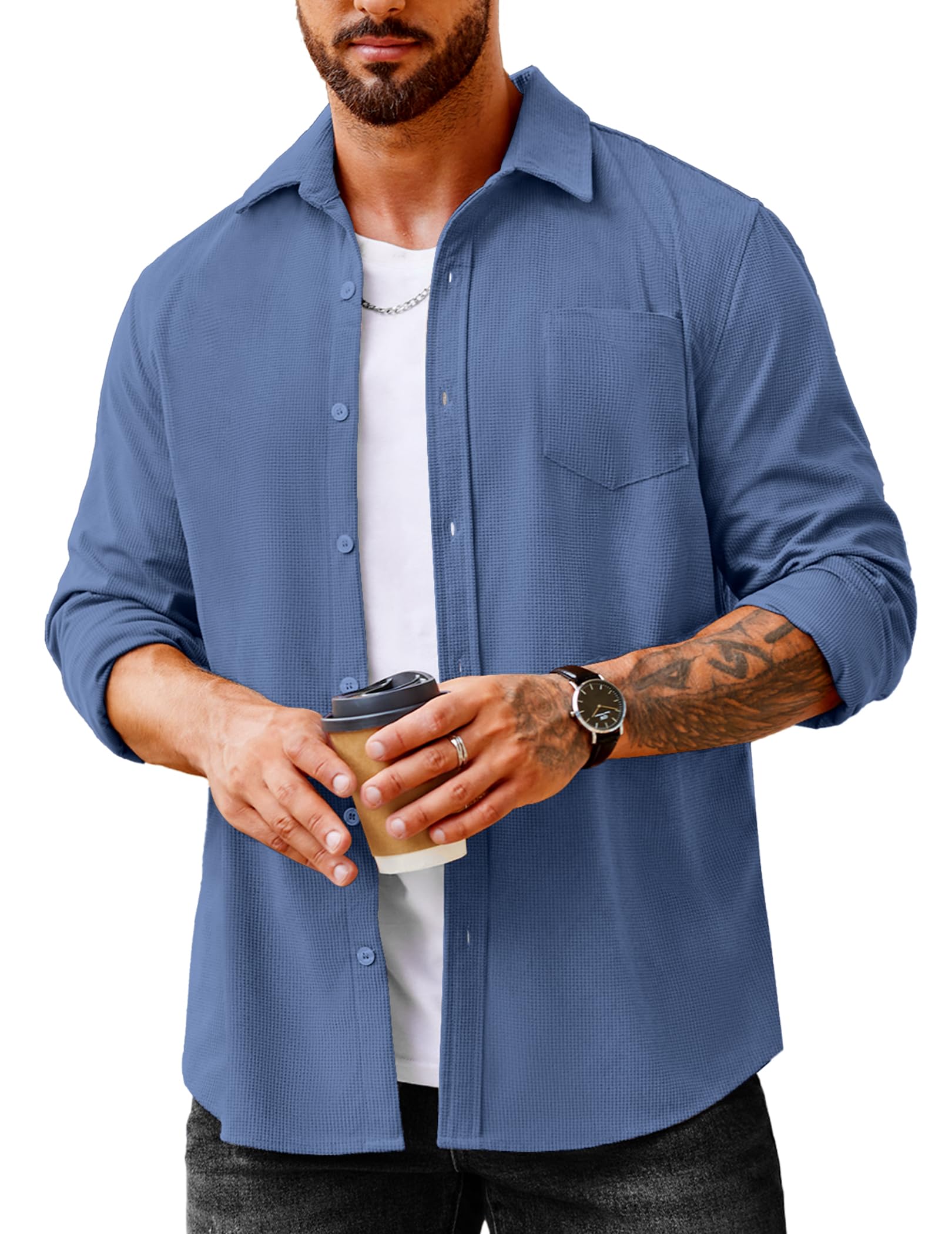 COOFANDY Men's Waffle Knit Button Down Shirt - Casual Long Sleeve Shacket Jacket with Pockets | Breathable & Stylish Fall Winter Layering Piece for Work, Date Night & Outdoor Activities