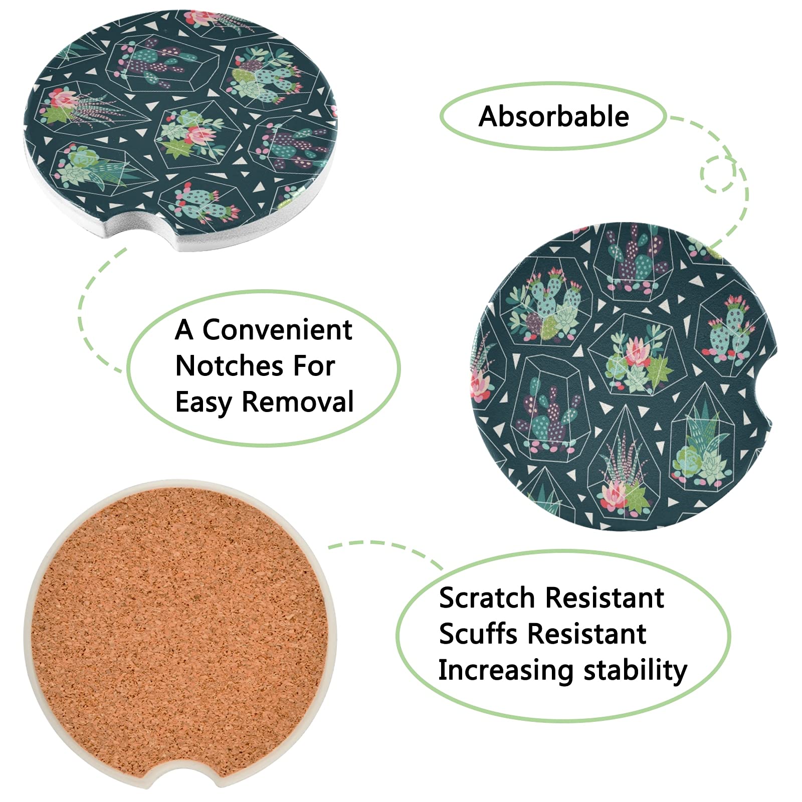 2 Pack Ceramic Succulent Car Coasters - Absorbent Drink Coasters for Cars with Fingertip Grip (2.5 Inch) - Perfect for Coffee, Soda & Water Cups in Vehicles