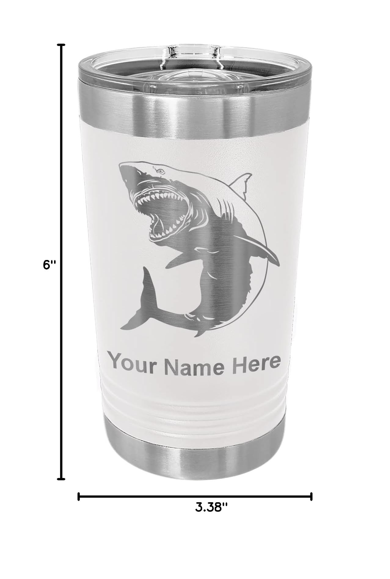 LaserGram 16oz Vacuum Insulated Stainless Steel Tumbler with Personalized Engraving - Great White Shark Design, Double Wall Insulation for Hot & Cold Drinks, Perfect for Office, Gym, Travel & Outdoor Activities (White)