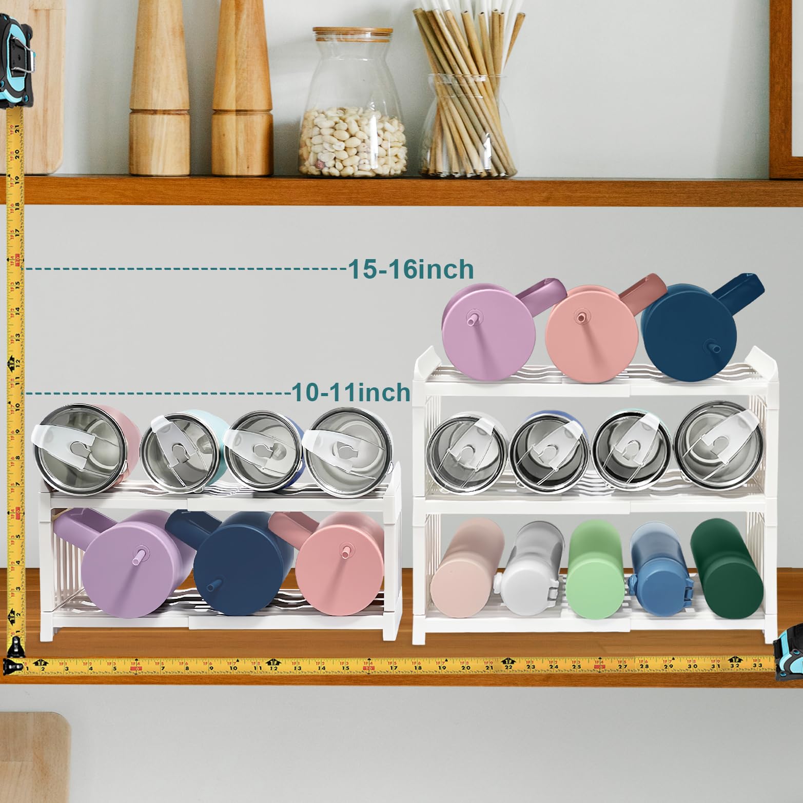 Adjustable Water Bottle Holder Organizer - 4 Pack for Cabinet & Kitchen Pantry Storage | Perfect for Tumbler, Mug & Starbucks Cup Organization | Ideal for Home, Office & Dorm Room Organization