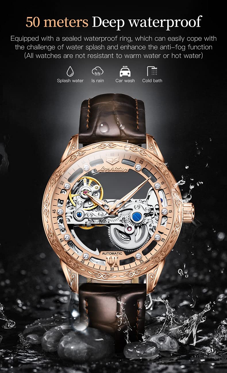 OLEVS Men's Skeleton Automatic Mechanical Watch - Self-Winding Dress Watch with Luminous Hands, Waterproof Leather Strap - Perfect for Business, Formal Events & Luxury Gifts