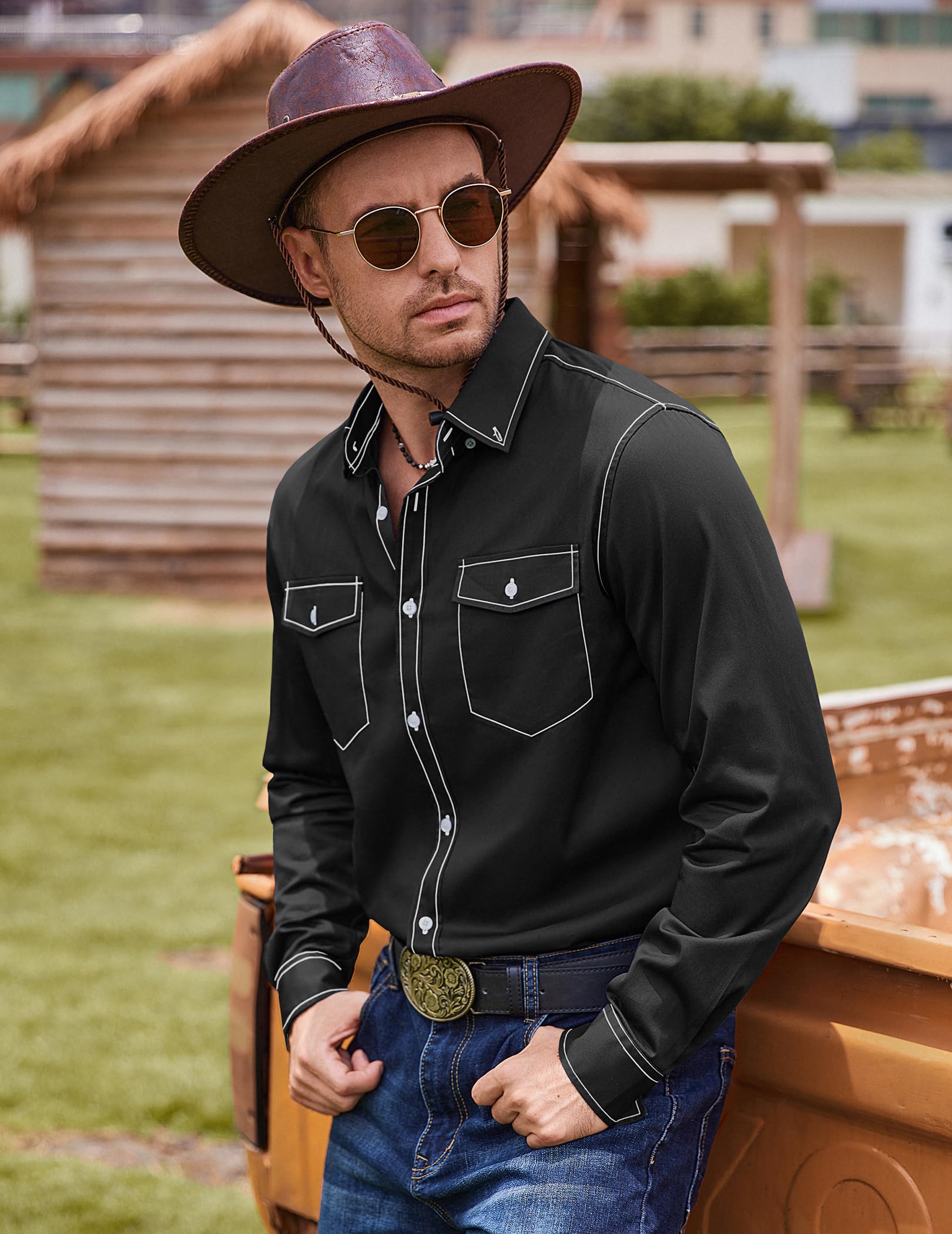 COOFANDY Men's Western Cowboy Shirts - 100% Cotton Long Sleeve Button Down Shirt with Two Front Pockets & Embroidered Design | Perfect for Rodeo, Country Music Festivals & Western Style Outfits