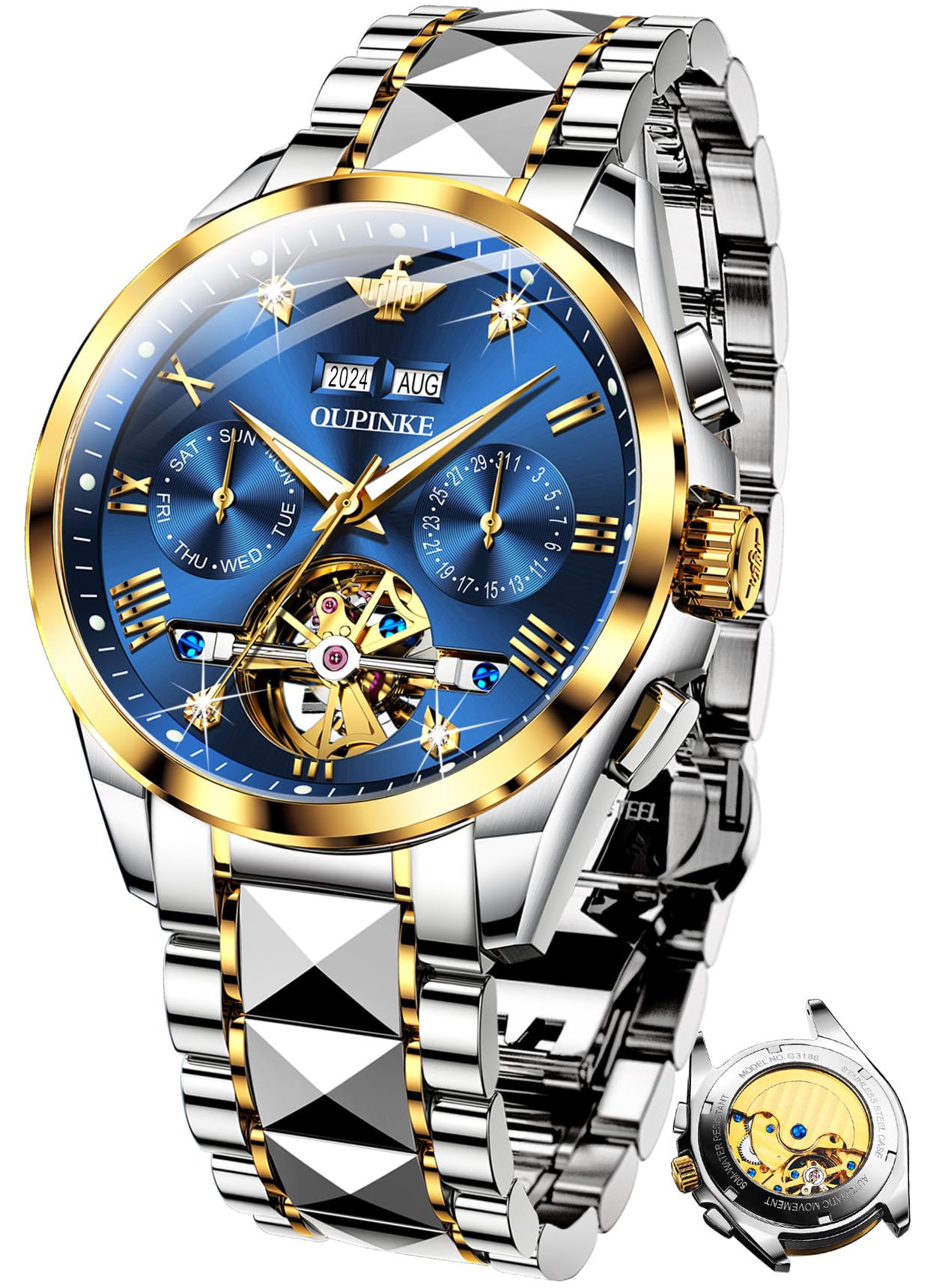 OUPINKE Men's Automatic Diamond Skeleton Mechanical Self-Winding Luxury Dress Watch - Sapphire Crystal & Tungsten Case - Perfect for Business, Formal Events & Gift Giving