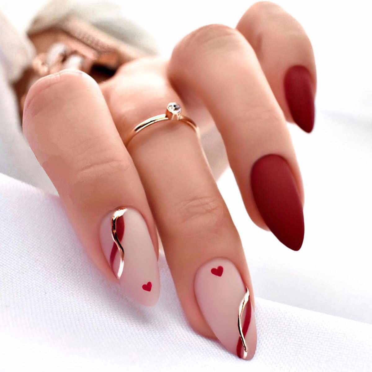 Heart Press on Nails Medium - 24pcs Red Almond French Tip Fake Nails with Gold Line Design & Glue | Full Cover Acrylic False Nails for Women | Perfect for Parties, Weddings, and Special Occasions