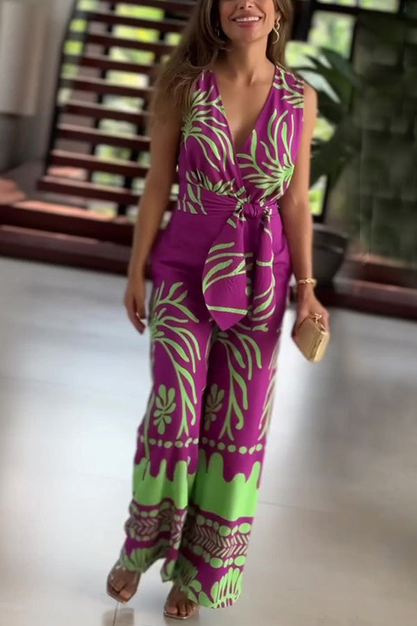 Stylish Printed V-Neck Sleeveless Waist Tie Jumpsuit for Women - Perfect for Summer Outfits, Beach Vacations & Casual Date Nights