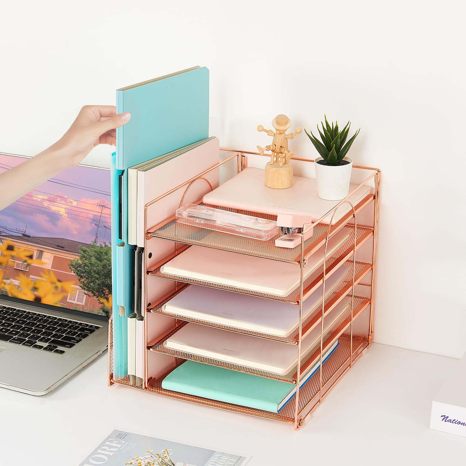 AUPSEN Rose Gold Desk Organizer with File Holder - 5-Tier Mesh Paper Letter Tray for Office Supplies, Documents and Stationery | Perfect for Home Office, Workstation & Study Desk Organization