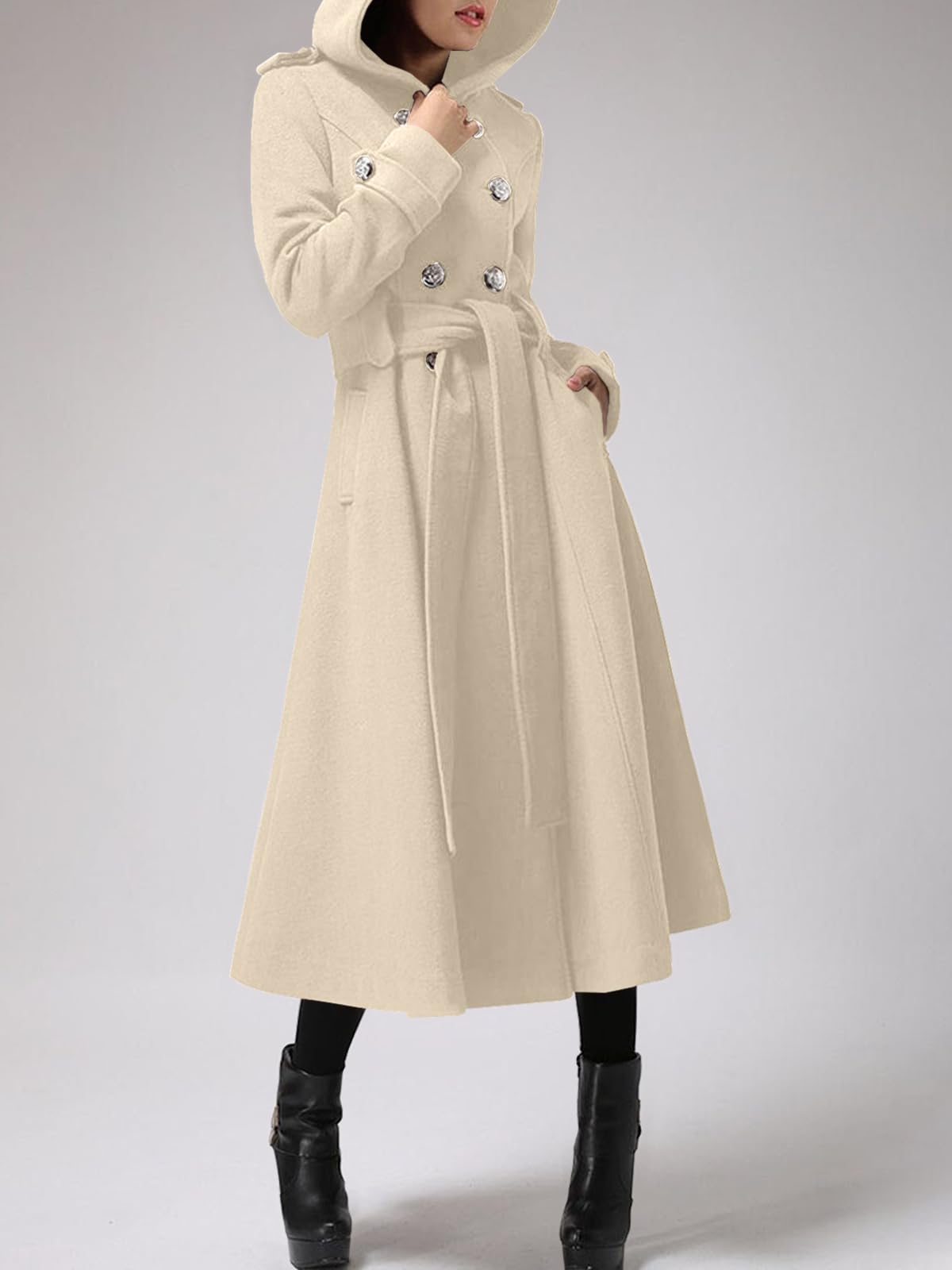 Cicy Bell Women's Long Double-Breasted Hooded Winter Coat - Warm Wool Trench Coat with Adjustable Belt for Cold Weather - Perfect for Office, Travel & Outdoor Activities