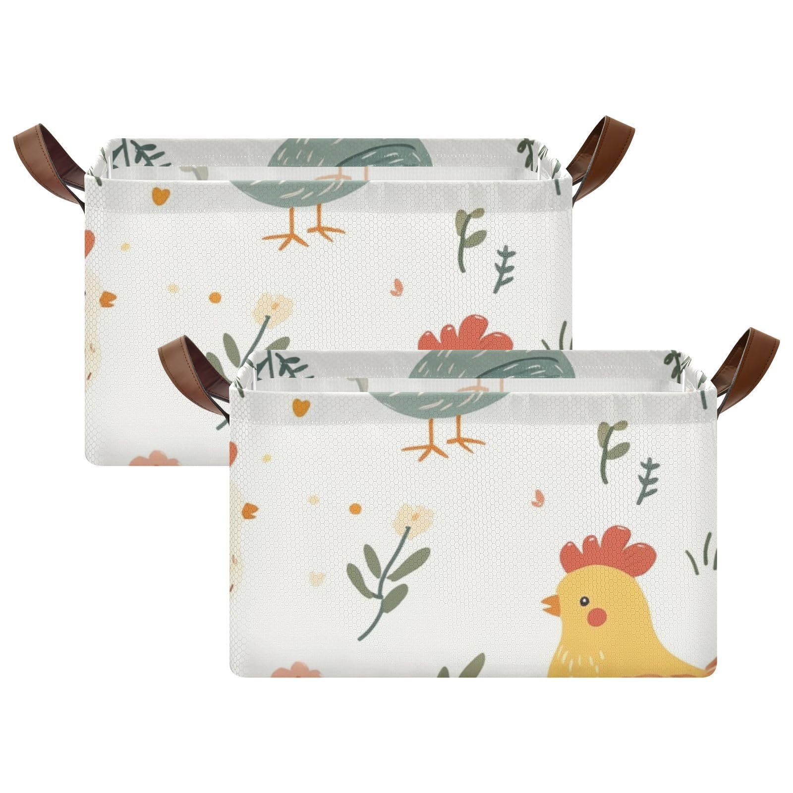 Cute Floral Chicken Cartoon Storage Bins with Handles - 2 Pack Decorative Organizer Baskets for Closet, Bedroom, Kids Room & Nursery Organization