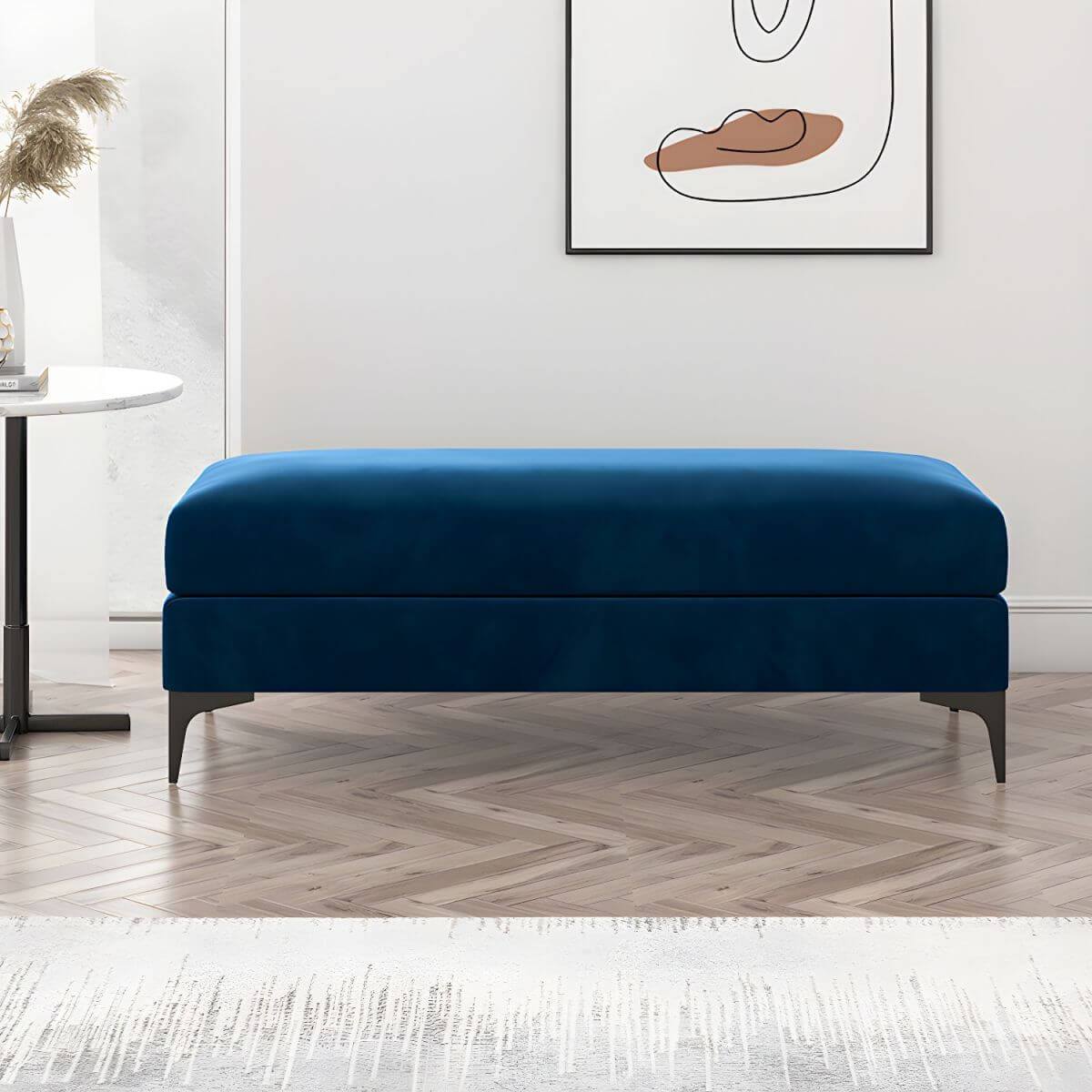 Modern Black Flannel Upholstered Rectangle Footstool with Sturdy Metal Frame - Perfect for Living Room, Bedroom or Office Footrest and Extra Seating