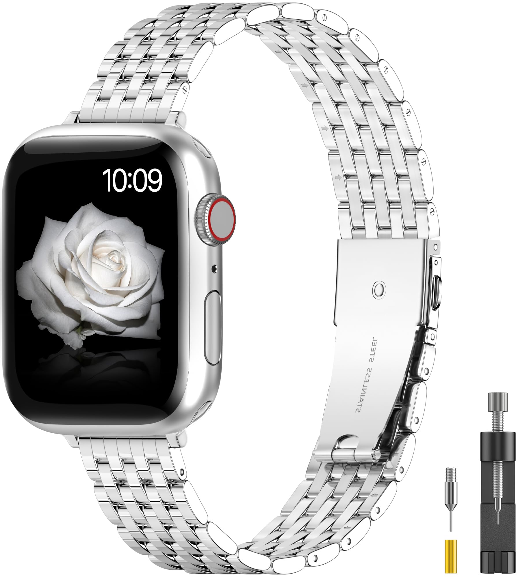 Premium Stainless Steel Apple Watch Band for 38mm 40mm 41mm 42mm 44mm 45mm - Compatible with Series 9/8/7/6/5/4/3/2/1 SE/SE2 - Shiny Metal Watch Strap for Women & Men - Perfect for Workouts, Office & Everyday Wear