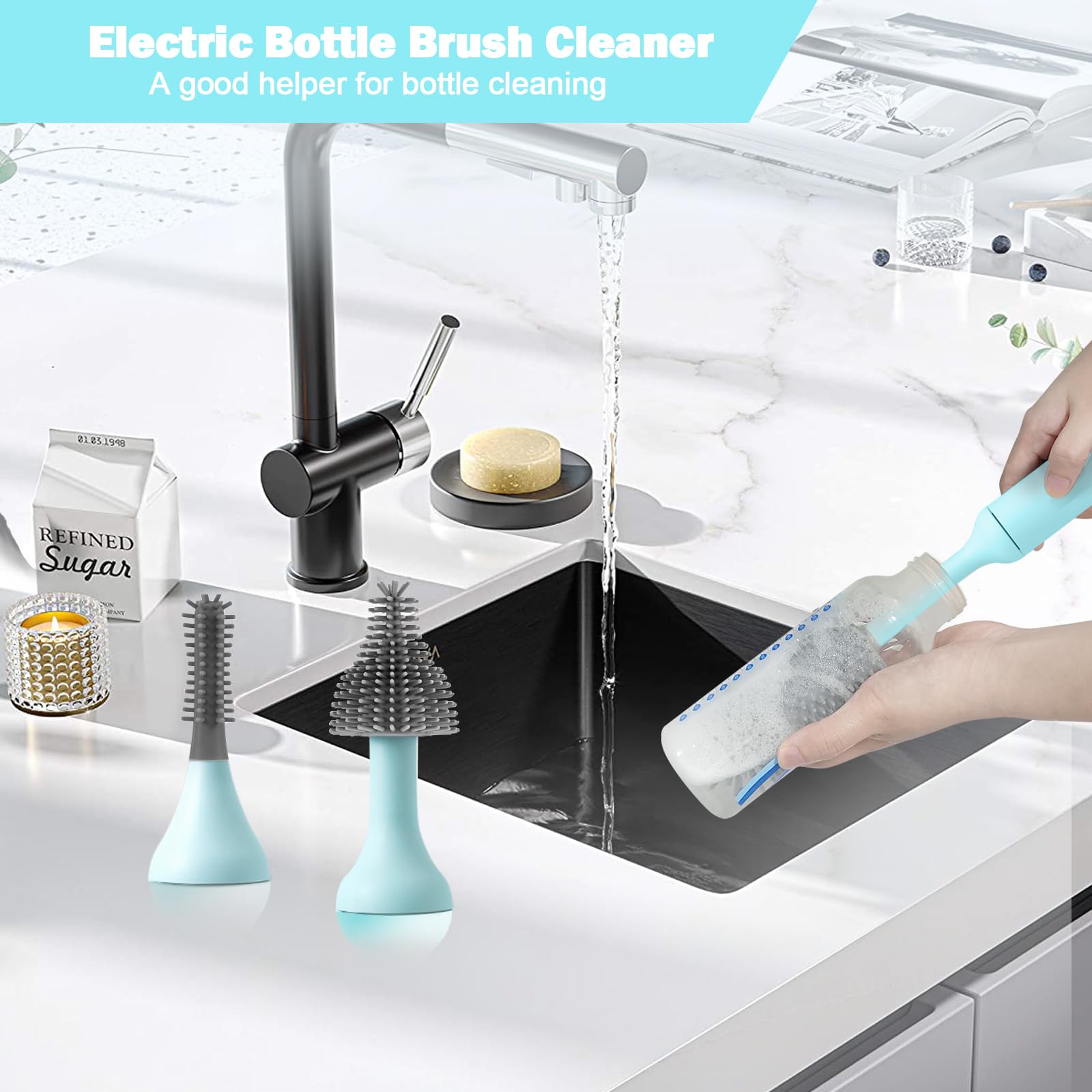 WHNL Rechargeable Electric Baby Bottle Brush Set - Waterproof Silicone Bottle & Straw Cleaner with Replaceable Brush Heads - Multi-Purpose Cleaning for Baby Bottles, Sippy Cups & Kitchen Utensils (Blue) - Perfect for New Parents & Busy Families