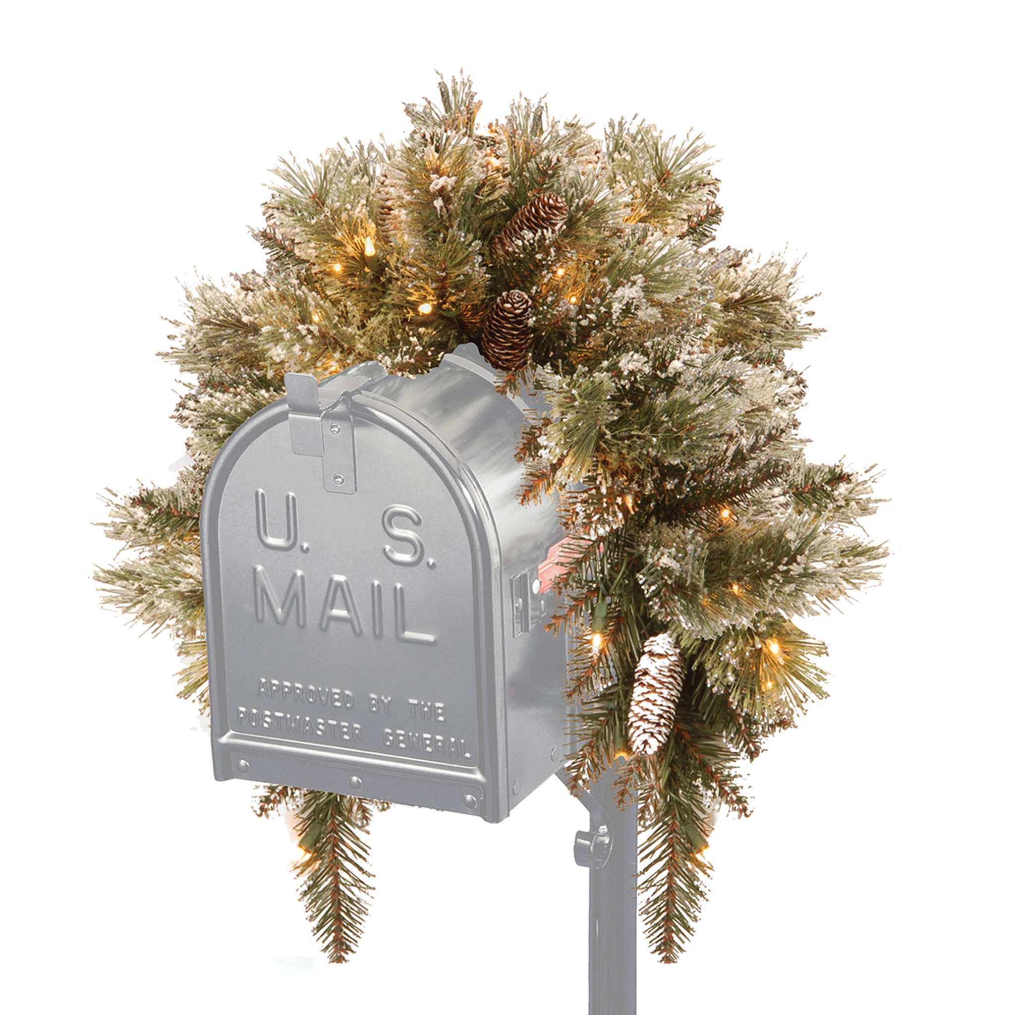 36 Inch Pre-Lit Glittery Bristle Pine Mailbox Swag with Warm White LED Lights - Festive Holiday Mailbox Decoration for Christmas, Front Porch & Outdoor Decor