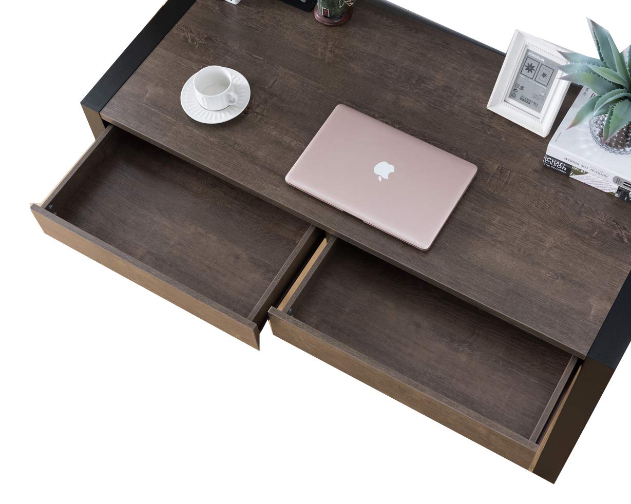 Benjara Modern Rectangular Wooden Desk with Built-in Electric Outlet & Sturdy Sled Legs - Black/Brown Home Office Desk for Work & Study | Perfect for Home Office, Study Room & Workspace
