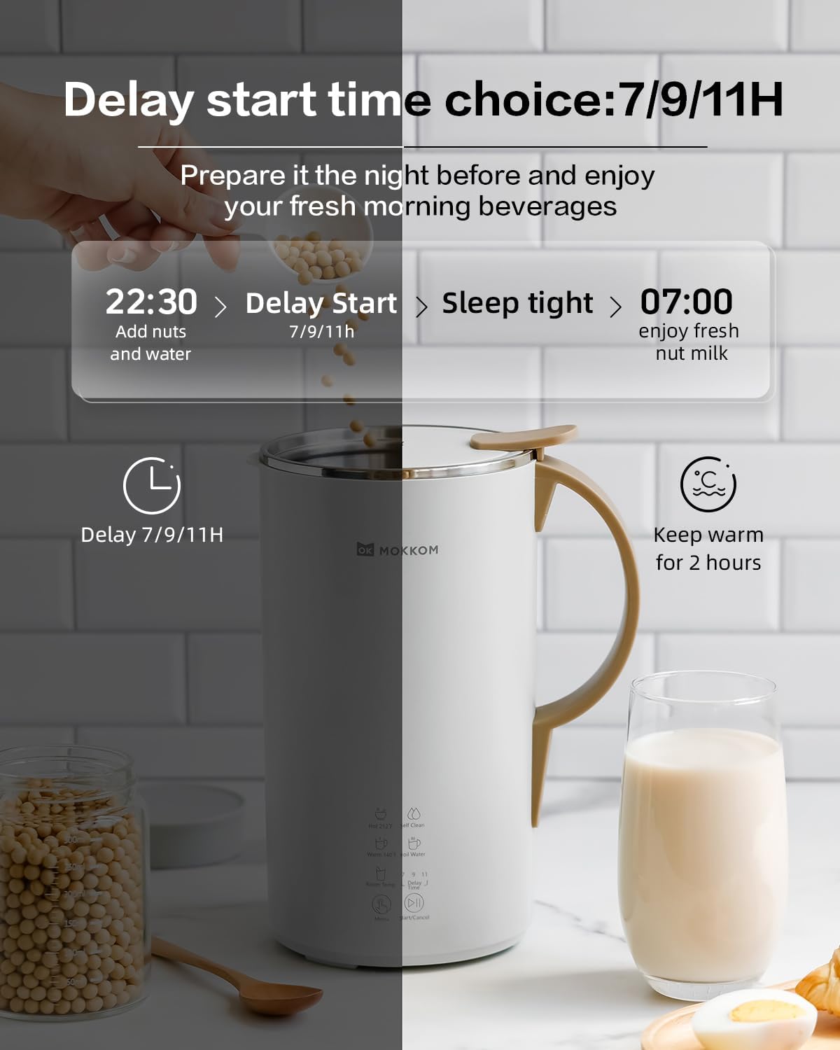 OK MOKKOM 20oz Automatic Nut Milk Maker - Homemade Almond, Oat, Coconut & Soy Milk Machine for Dairy-Free Beverages | Delay Start, Boil Water & Self-Clean | Perfect for Vegan, Keto & Healthy Lifestyles (White)