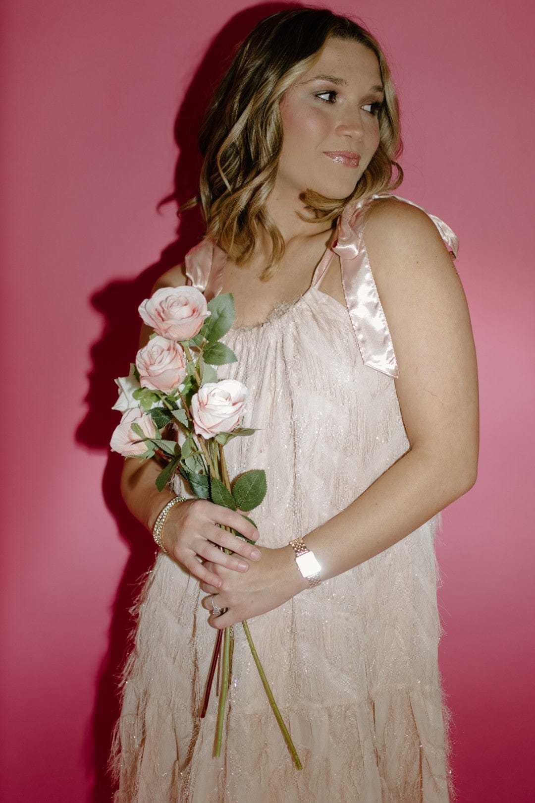 Elegant Blush Tinsel Tie Strap Party Dress for Women - Perfect for Evening Events, Cocktail Parties & Special Occasions