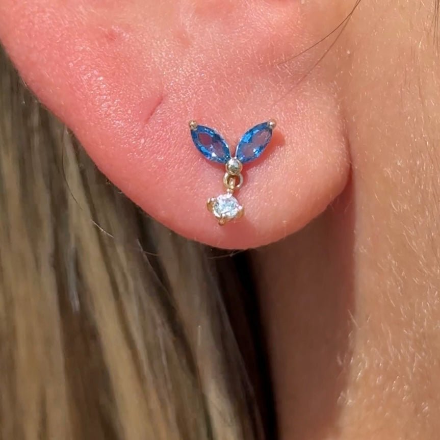 14K Yellow Gold Blue Topaz Double Marquise Drop Stud Earrings – Elegant Flat Back Design for Women, Perfect for Weddings, Parties & Everyday Wear