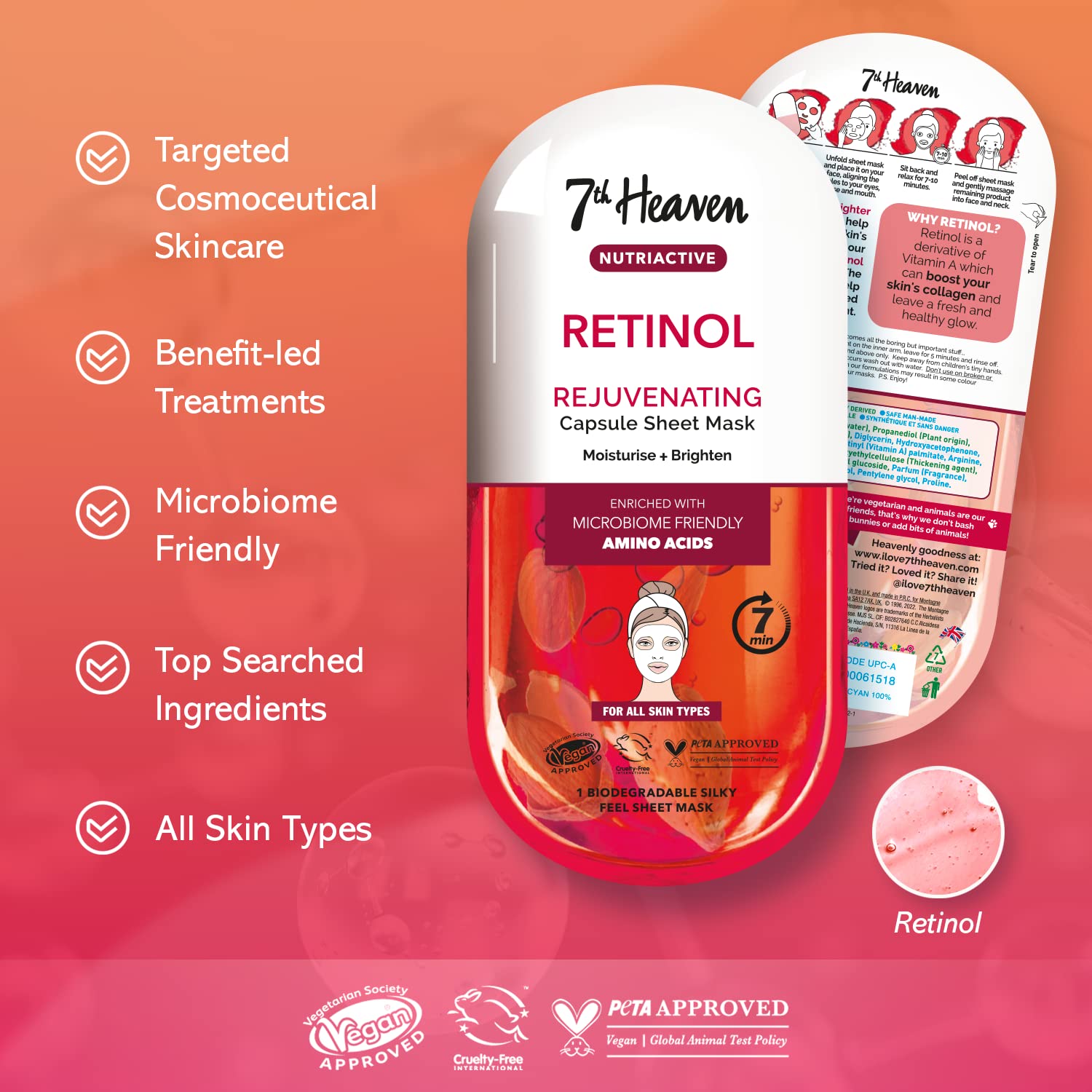 7th Heaven Retinol Nutriactive Rejuvenating Sheet Mask with Amino Acids - Hydrating & Brightening Facial Mask for Glowing Skin | Perfect for Nighttime Skincare Routine & Spa Days