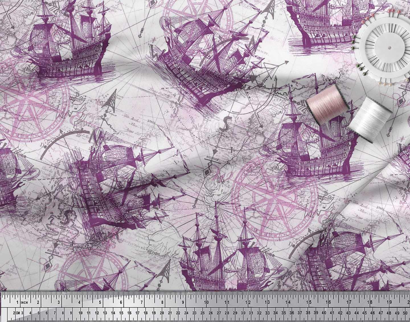 Soimoi 100% Cotton Voile Fabric - Purple Nautical Compass & Ship Print - 42 Inch Wide - Sold by The Yard - Lightweight & Breathable for Dresses, Curtains, and DIY Crafts