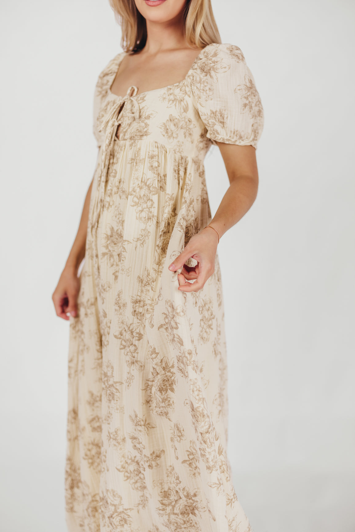 Haven 100% Cotton Tie Front Maxi Dress in Taupe/Brown Floral - Bump Friendly Maternity Dress for Women | Perfect for Pregnancy, Beach Vacations & Summer Outfits